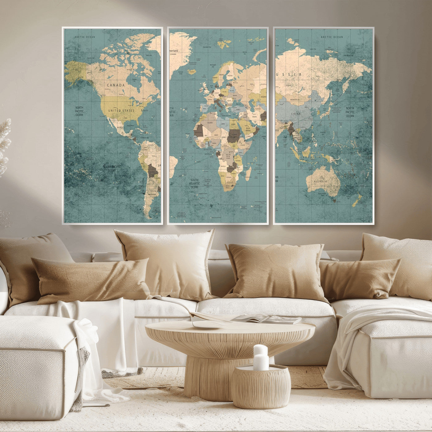 MGV-FC-48X32-3P - Classic World Map Wall Art Canvas Print, Framed Retro Map Art Picture Print, Vintage Atlas Perfect Rustic Explorer Decor Artwork