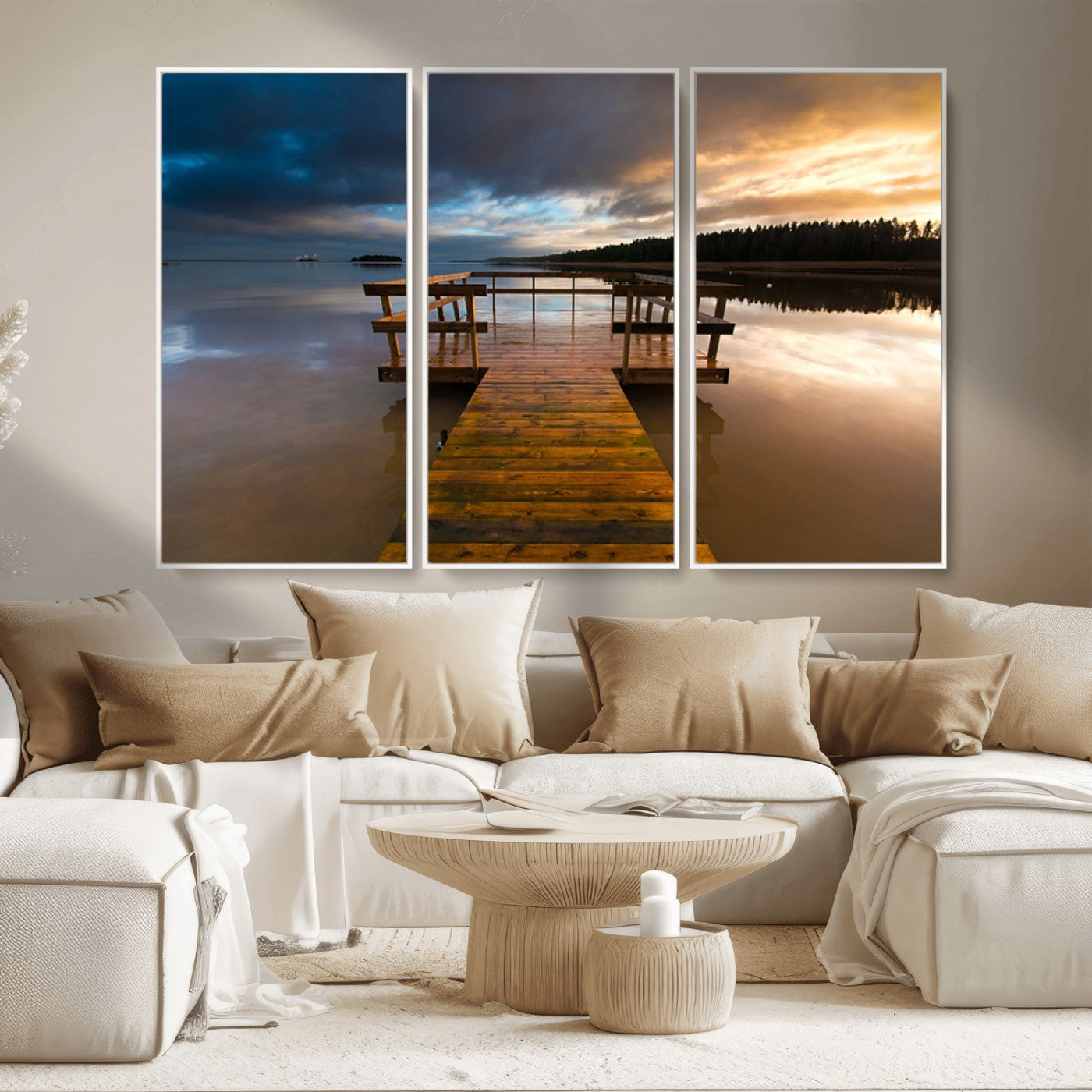 MGV-FC-48X32-3P - Serene Lake Pier at Sunset Canvas Print | Landscape Canvas Print | Ready to Hang and Framed Wall Art