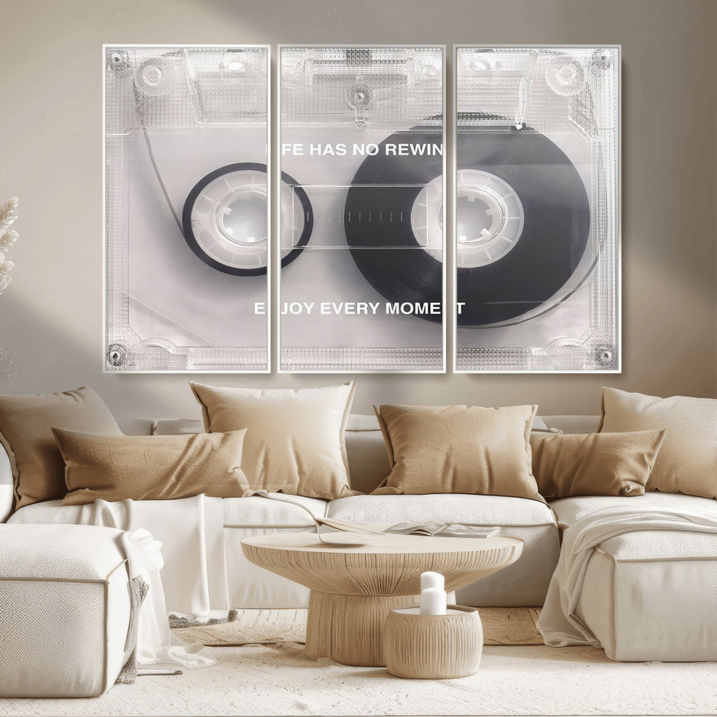 MGV-FC-48X32-3P - Vintage Cassette Tape Canvas Wall Art - Inspirational 'Life Has No Rewind' Quote, Retro Music Decor