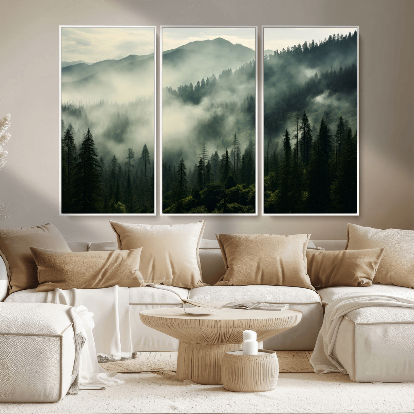 MGV-FC-48X32-3P - Captivating Misty Forest Wall Art Premium Canvas Print a Foggy and Serene Atmosphere