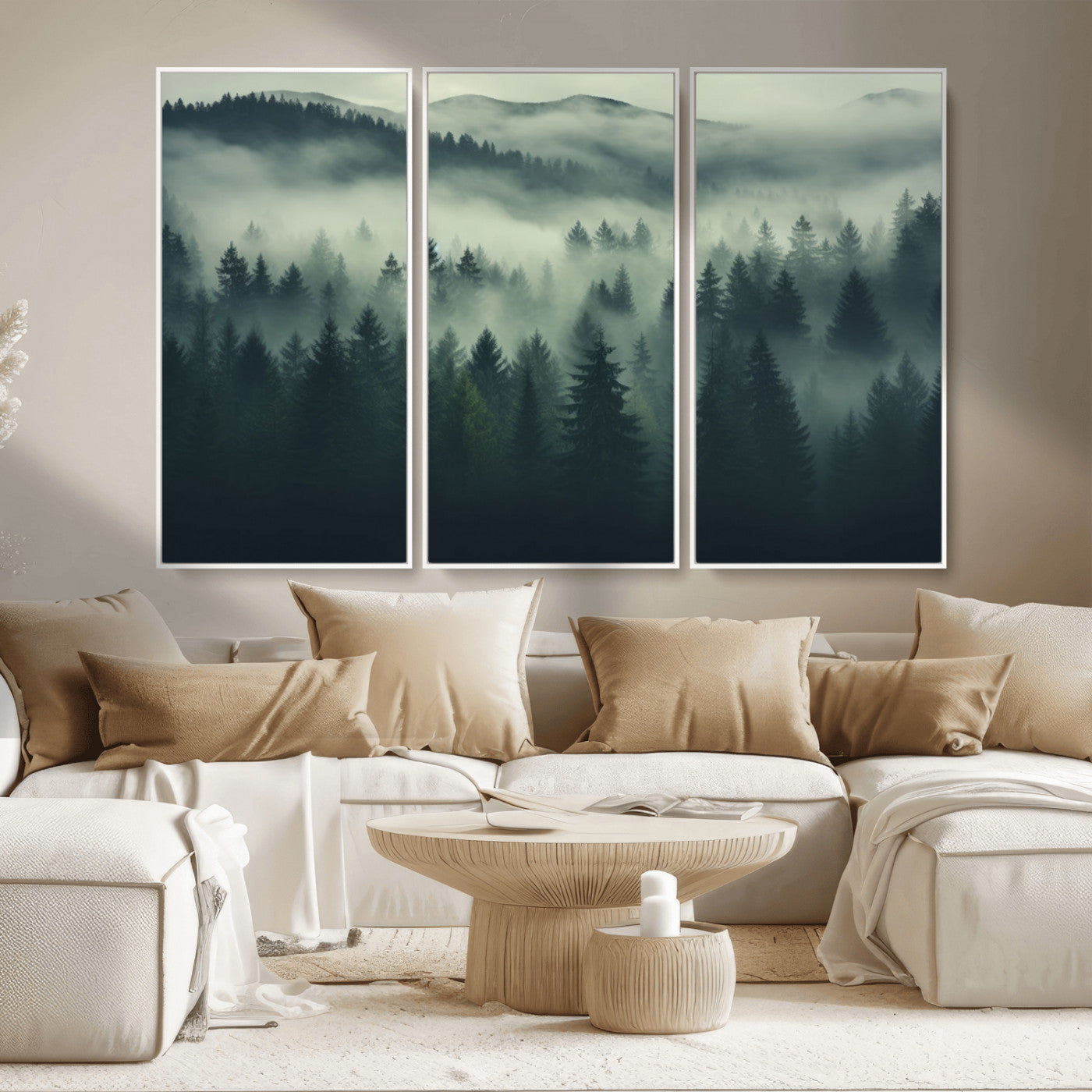MGV-FC-48X32-3P - Misty Forest Wall Art Premium Canvas Print a Foggy and Serene Atmosphere