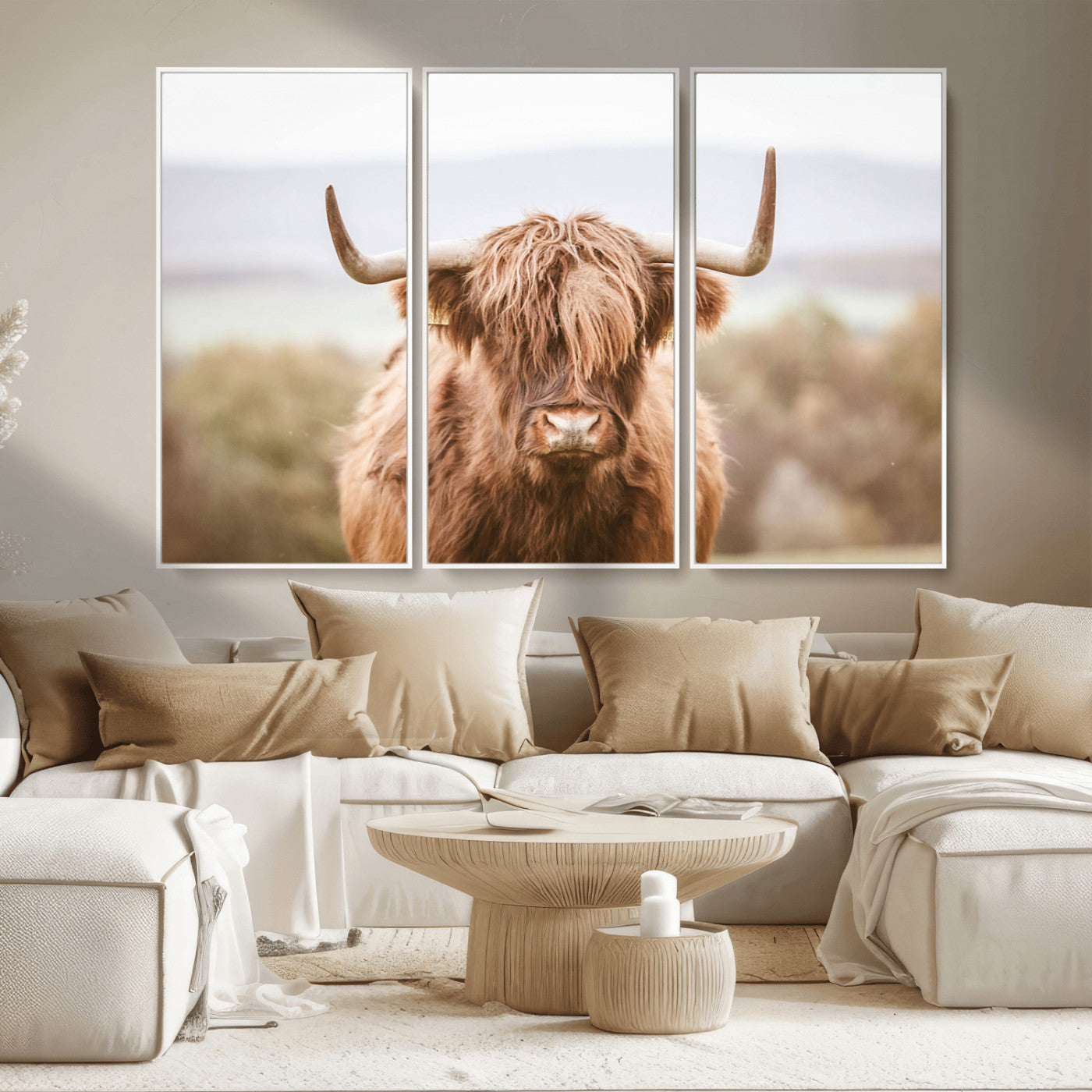 MGV-FC-48X32-3P - Scottish Serene Highland Cow Canvas Wall Art – Serene Highland Cow in Natural Pastel Tones – Ready