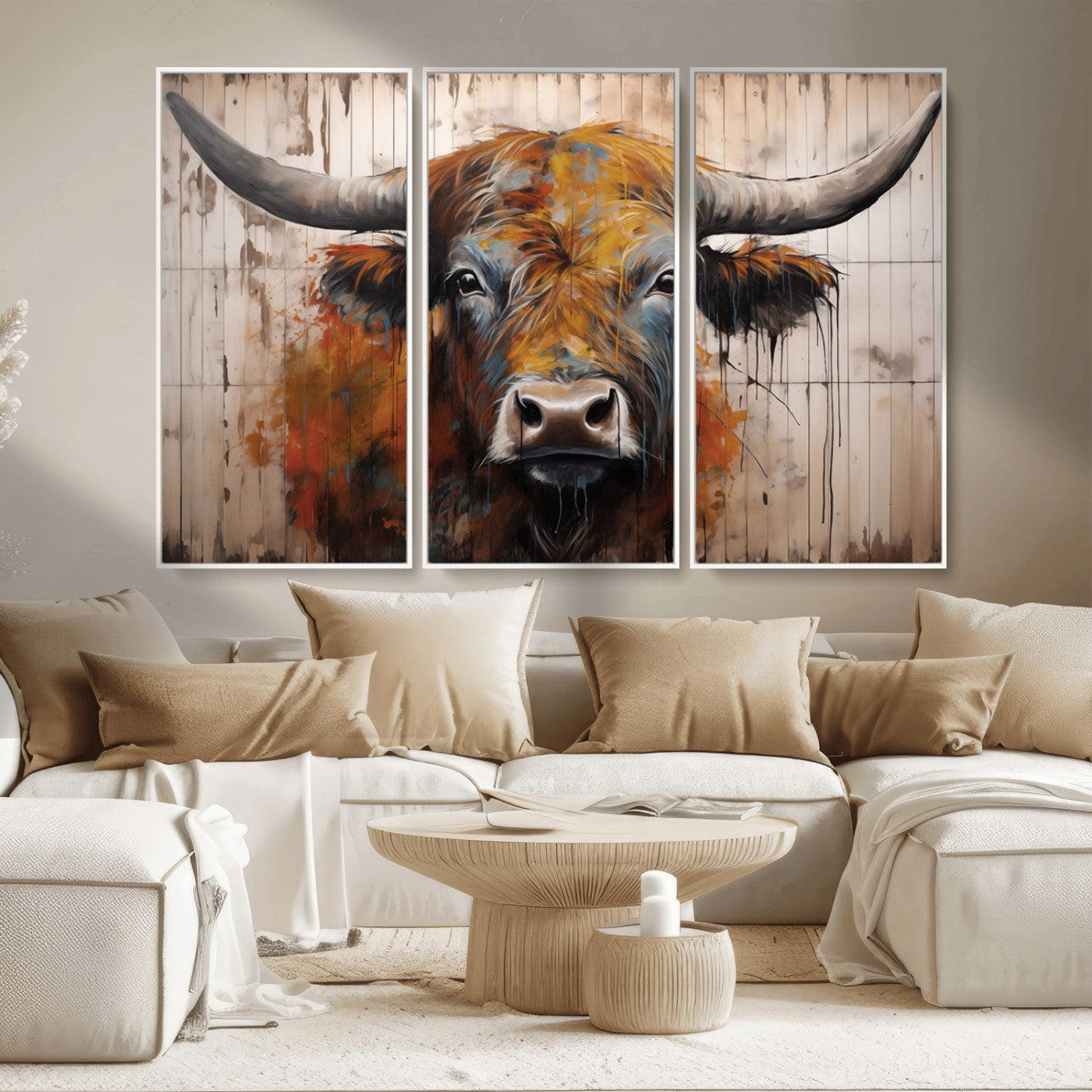 MGV-FC-48X32-3P - Abstract Bull Highland Cow Canvas Wall Art Print – Vibrant Rustic Charm in Modern Farmhouse Decor –