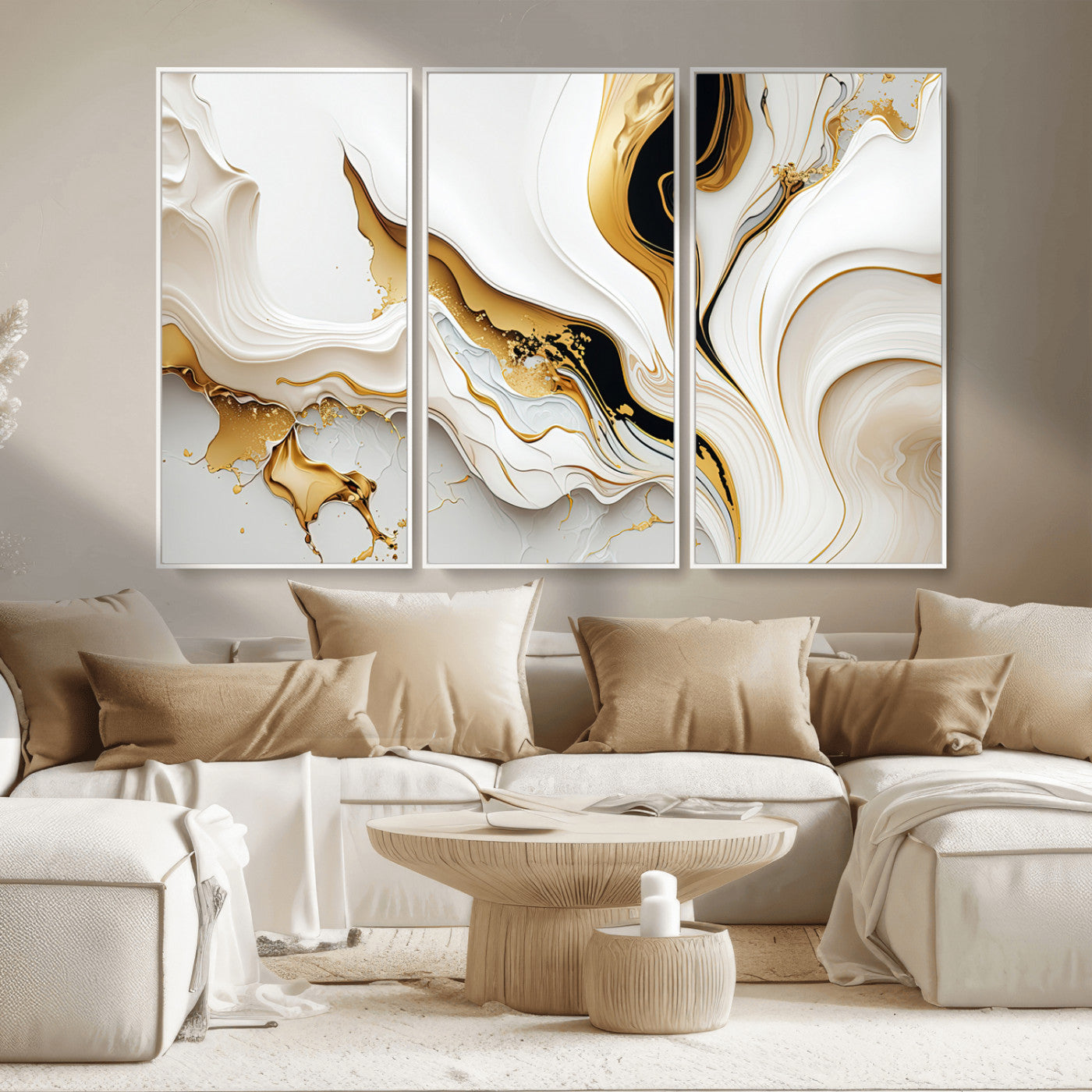 -Gold Waves on Pure White Canvas – Gold Abstract Art for Modern Interiors | Wall Art Canvas, Framed &