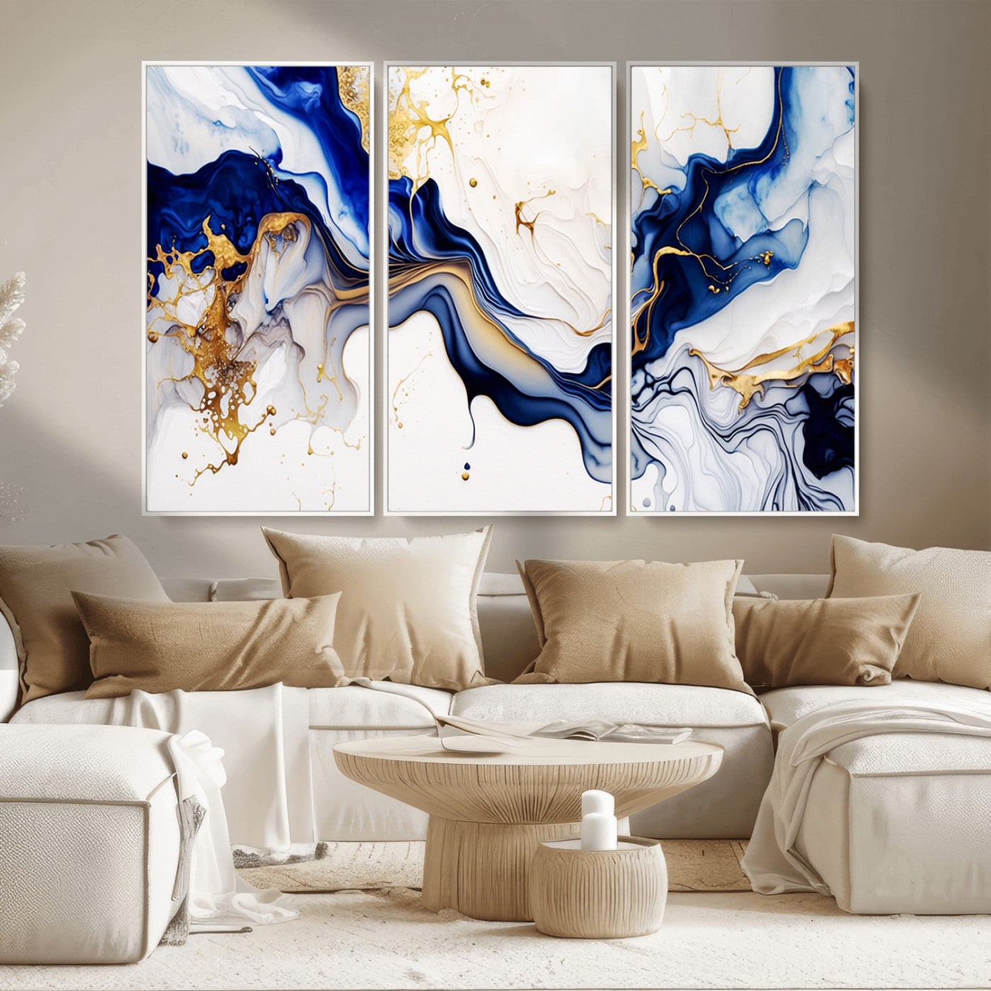 MGV-FC-48X32-3P - Golden Cascades on Midnight Blue – Deep Blue Abstract Wall Art Flowing Elegance | Wall Art Canvas,