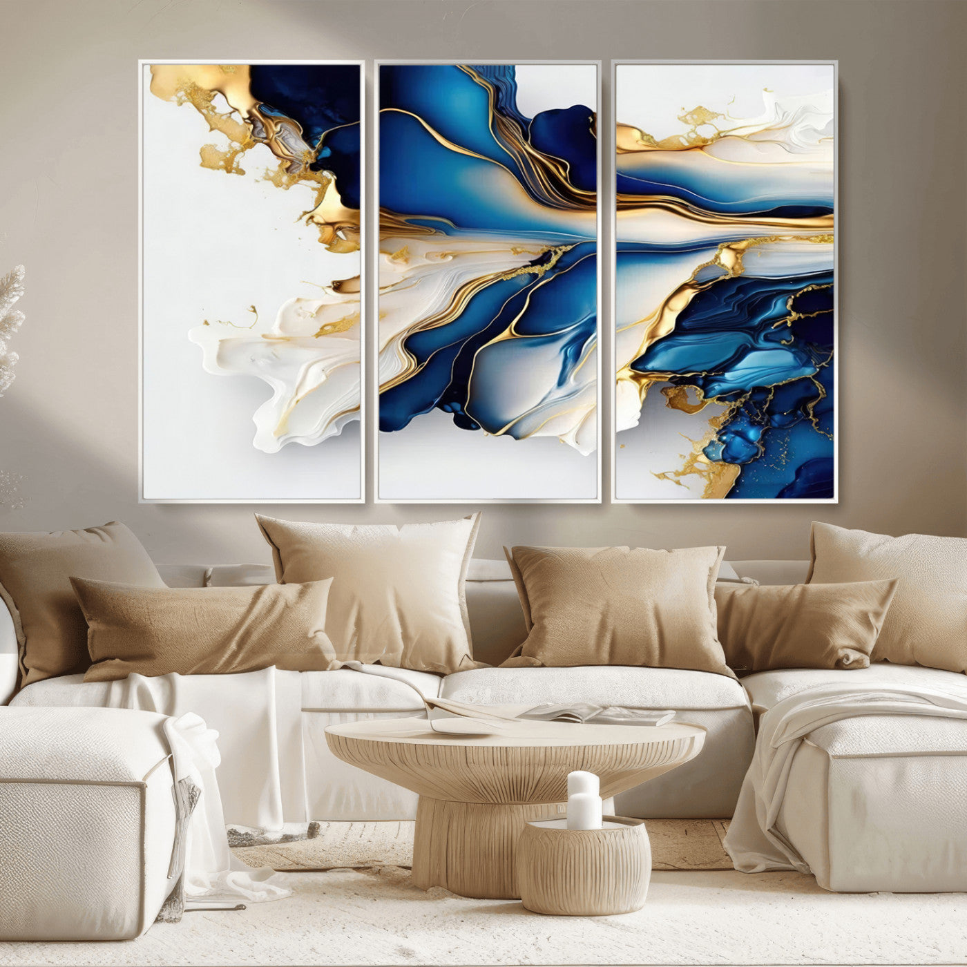 MGV-FC-48X32-3P - Gold Marble Art - Abstract Geode Gold And Blue Marble Shape 3 Pieces Wall Art Canvas Print
