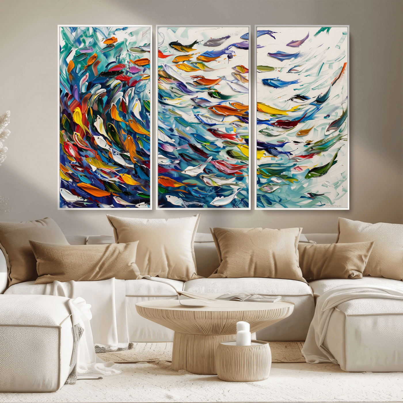 MGV-FC-48X32-3P - Modern Abstract Fish Shoal Wall Art Canvas Print, Colorful Fish Herd Painting on Canvas Print, Ocean