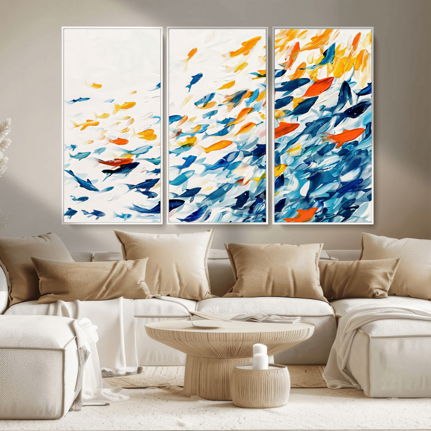 MGV-FC-48X32-3P - Abstract Fish Shoal Wall Art Canvas Print, Colorful Fish Herd Painting on Canvas Print, Ocean Animal