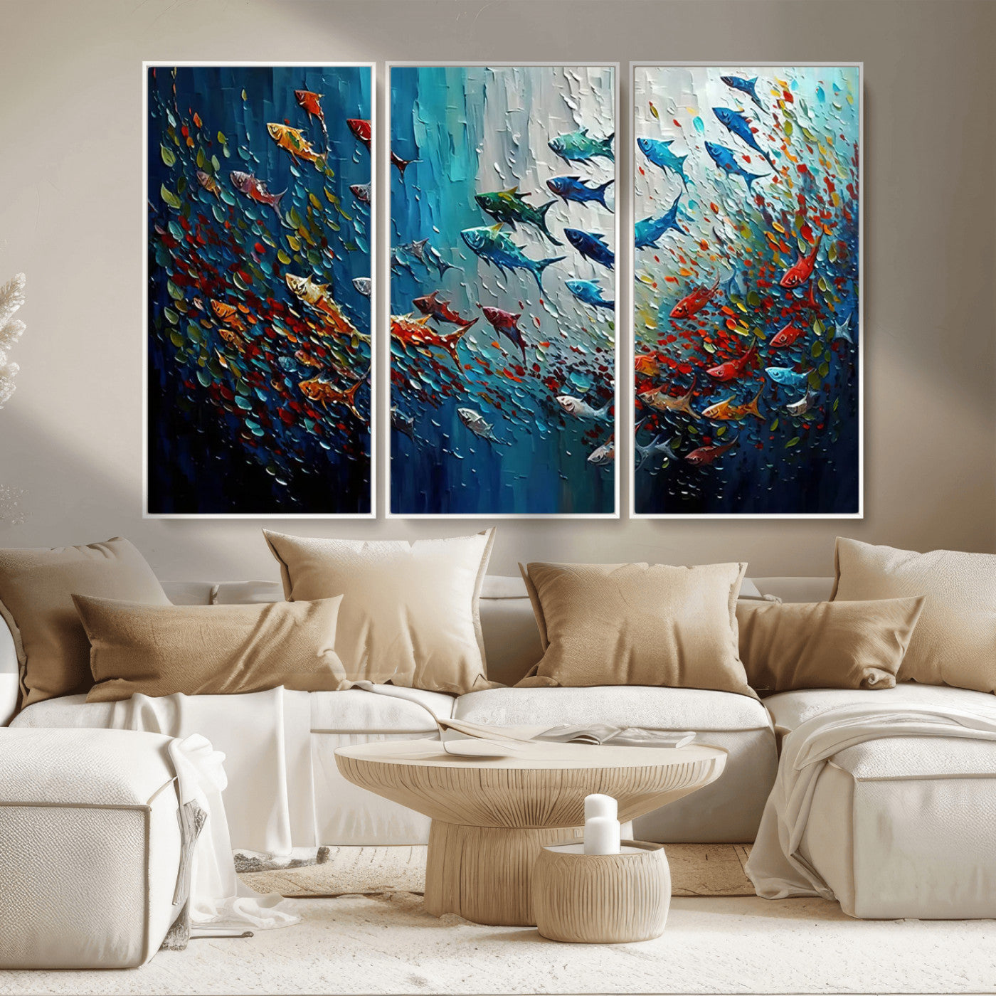 MGV-FC-48X32-3P - Modern Abstract Fish Shoal Wall Art Canvas Print, Colorful Fish Herd Painting on Canvas Print, Ocean