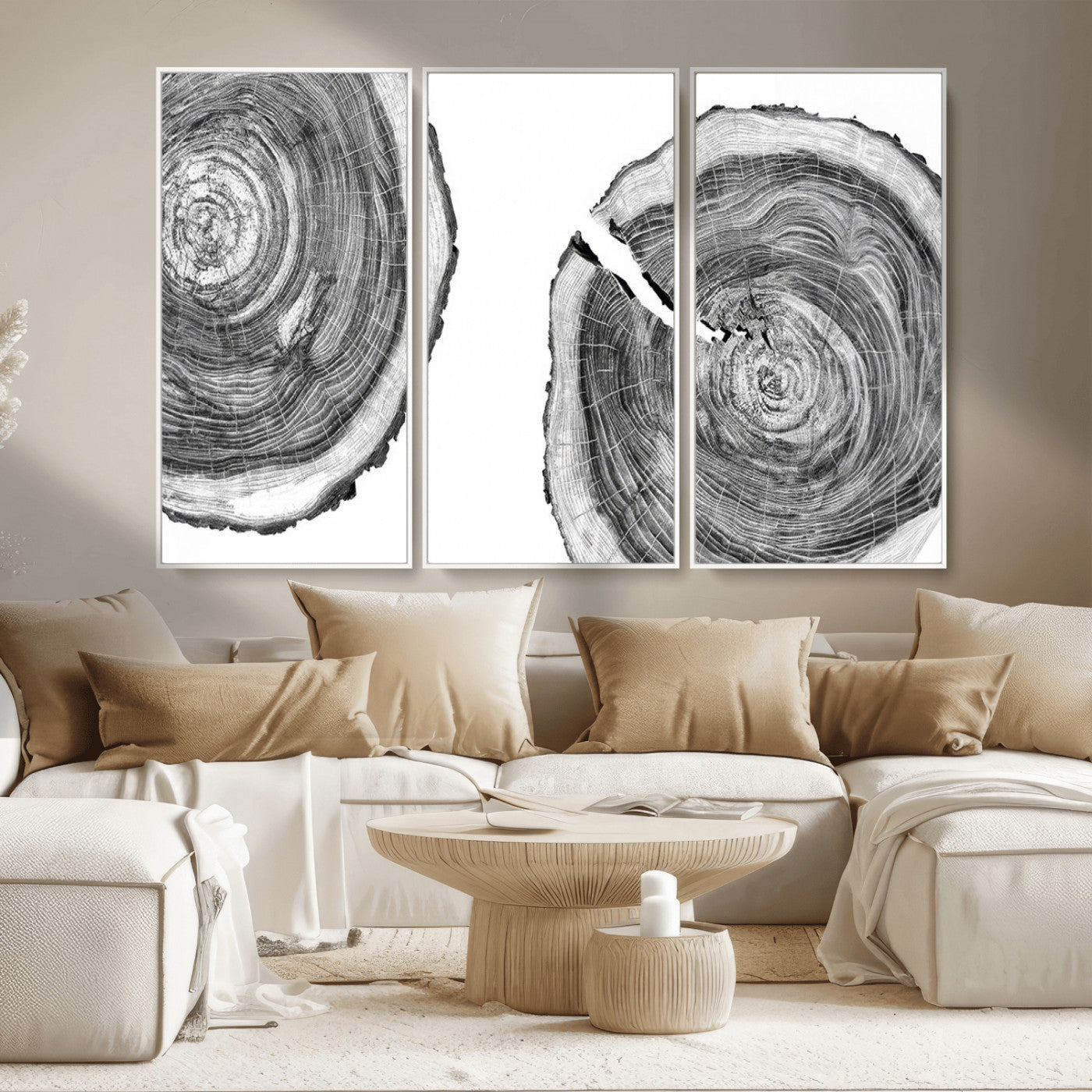 MGV-FC-48X32-3P - Modern Black and White Tree Rings Canvas Wall Art – Nature Inspired Wood Slice Print – Minimalist