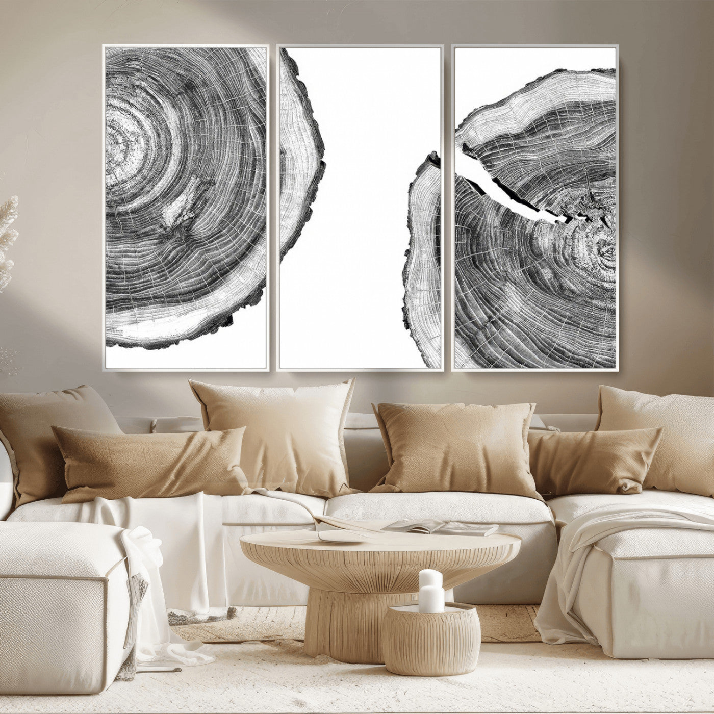 MGV-FC-48X32-3P - Abstract Large Tree Rings – Minimalist Black and White Wood Art | Triptych Canvas, Modern Wall Decor