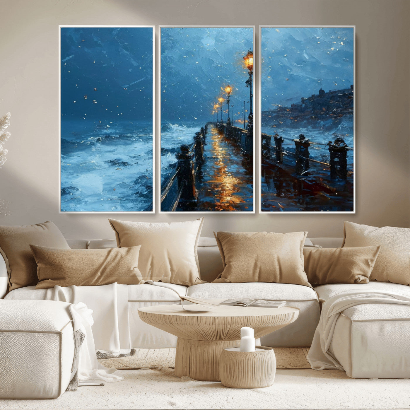 MGV-FC-48X32-3P - Stormy Night at Beach Pier Oil Painting Large Wall Art Print, Framed Canvas Nature Wall Decor,