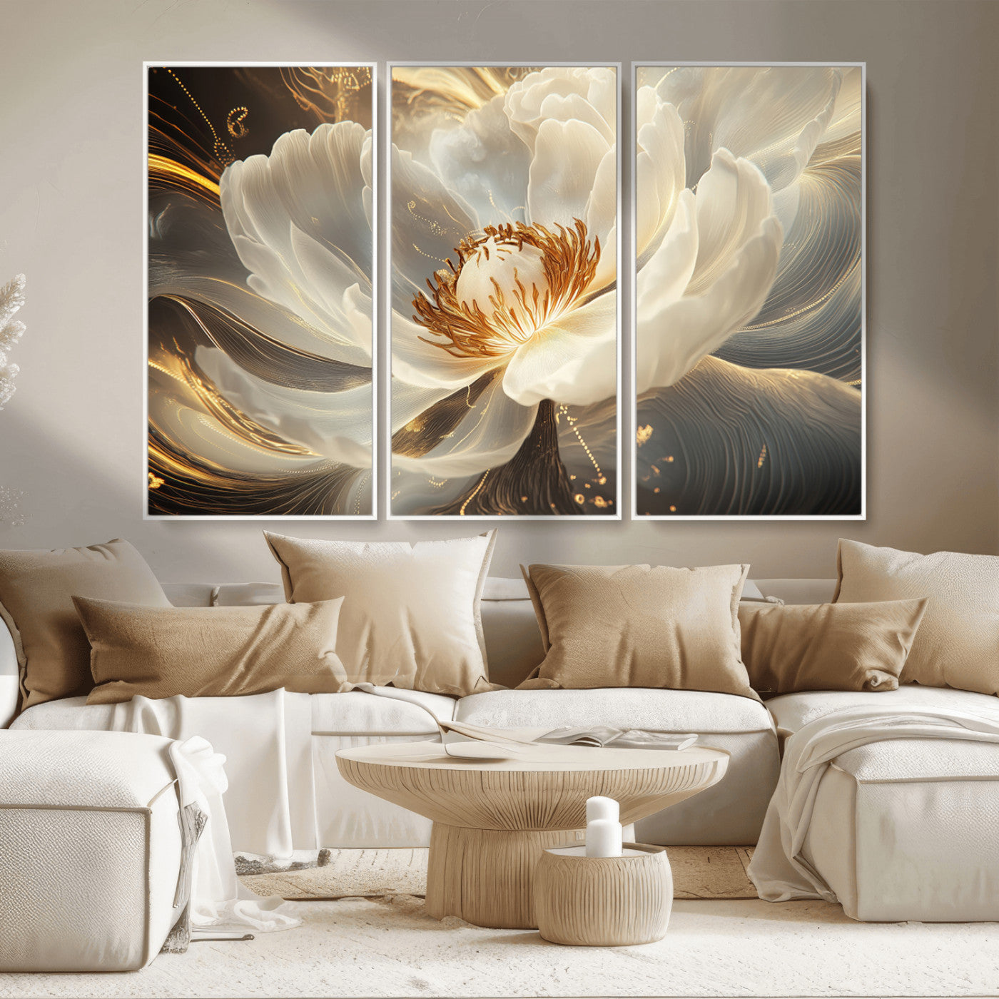 MGV-FC-48X32-3P - Gold Floral Wall Art Canvas Print, Framed Modern Flower Art Picture Print, Golden Abstract Perfect Vintage Decor Artwork