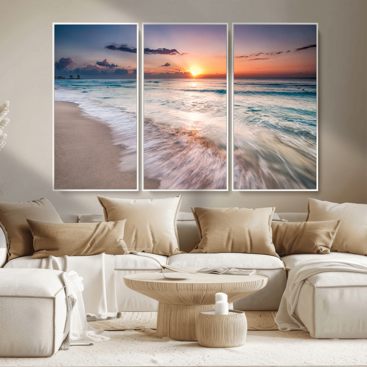 MGV-FC-48X32-3P - Sunset Beach Wall Art – Soothing Coastal Landscape, Ready to Hang for Tranquil Home Decor