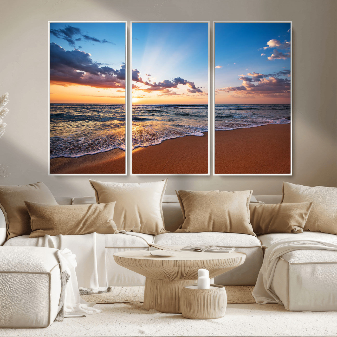 MGV-FC-48X32-3P - Golden Hour Beach Sunset Wall Art | Canvas Print | Ready to Hang | Coastal Wall Art for Living Room