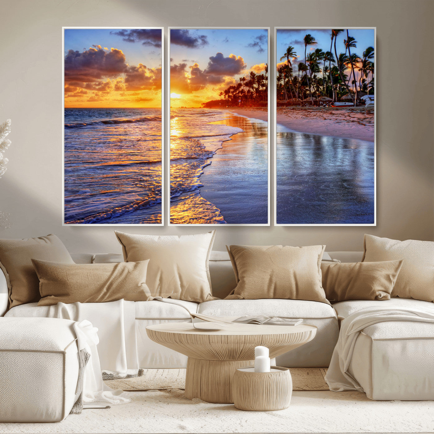 MGV-FC-48X32-3P - Serene Beach Sunset Wall Art Canvas- Coastal Seascape Print for Living Room or Bedroom, Ocean Waves
