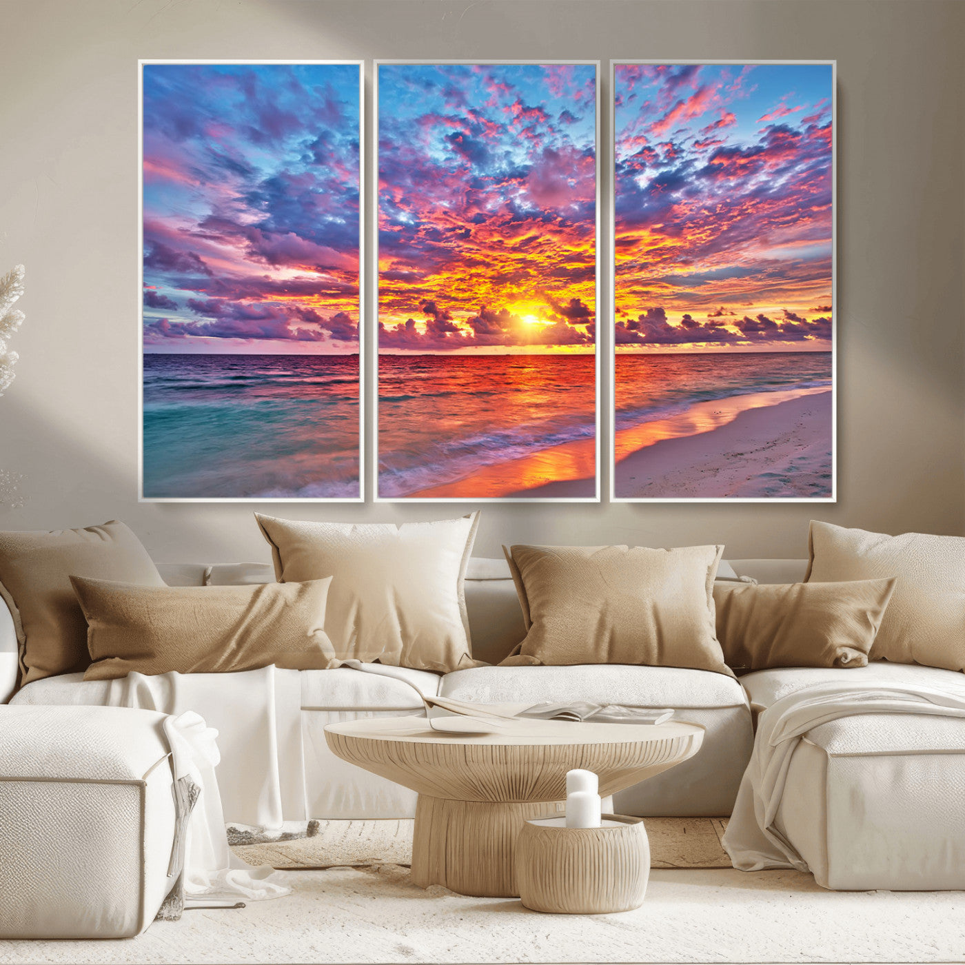 MGV-FC-48X32-3P - Vibrant Sunset Beach Wall Art - Ocean Sunset Canvas Print | Coastal Wall Art Decor Stunning Sunset