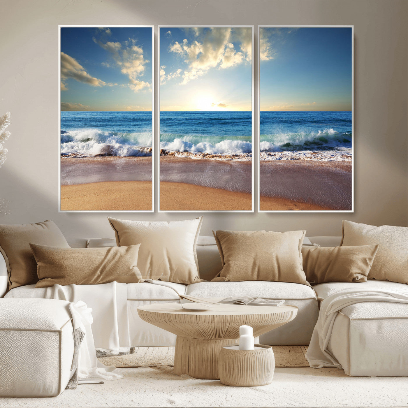 MGV-FC-48X32-3P - Serene Ocean Sunset Canvas Wall Art - Beach Waves at Sunset, Ready to Hang
