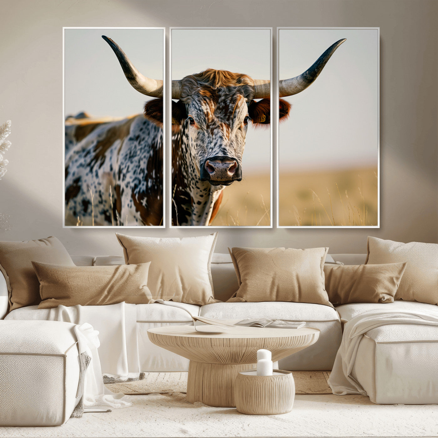 MGV-FC-48X32-3P - Texas Bull Longhorn Wall Art Canvas Print for Farm House Wall Decor, Farmhouse Wall Art Print