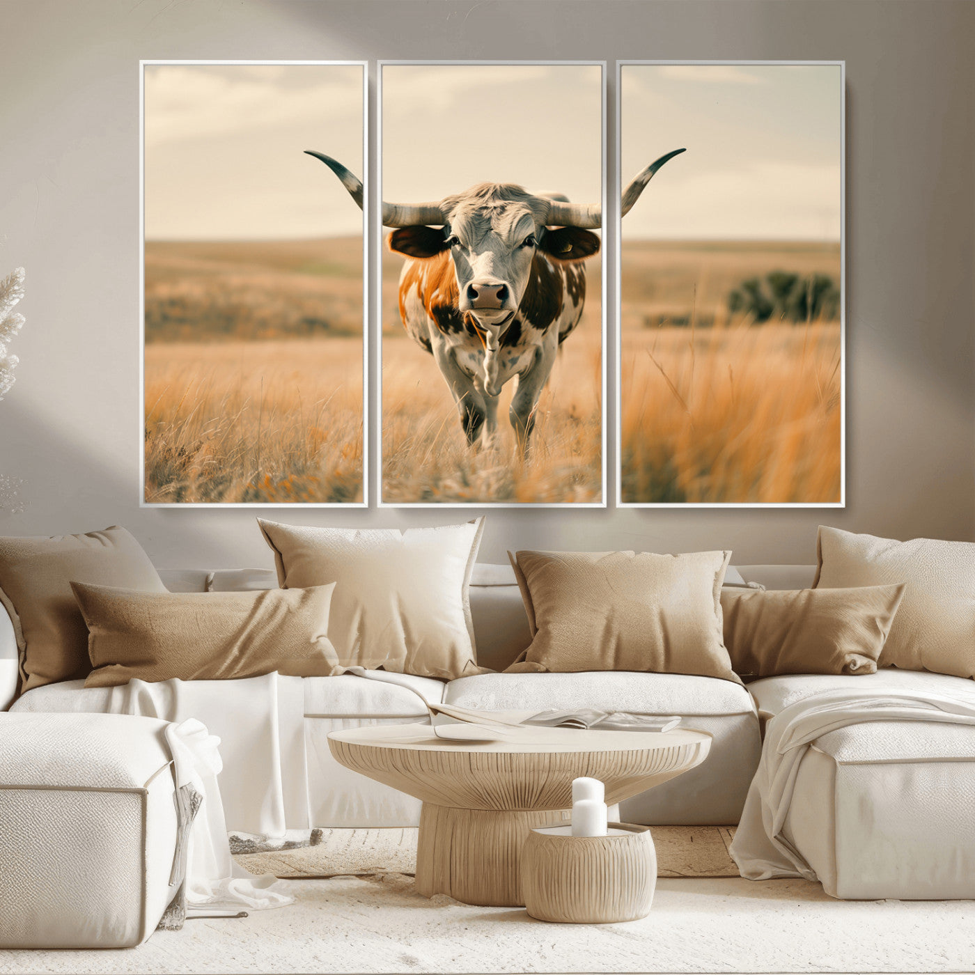 MGV-FC-48X32-3P - Texas Cow Wall Art Canvas Print for Farm House Wall Decor, Farmhouse Wall Art Print