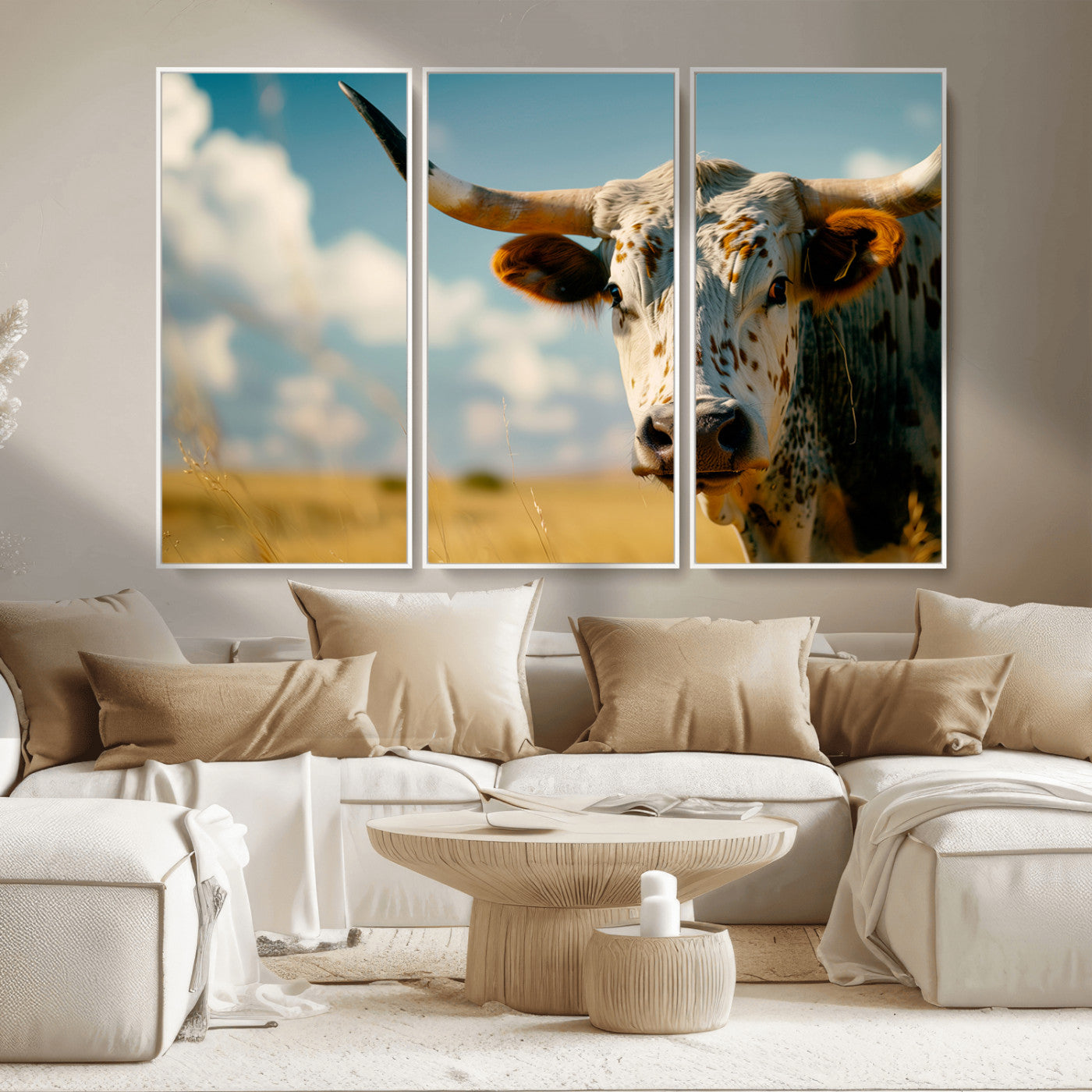 MGV-FC-48X32-3P - Longhorn in the Prairie - Stunning Ranch-Style Triptych Wall Art for Western Home Decor, Cowboy Wall