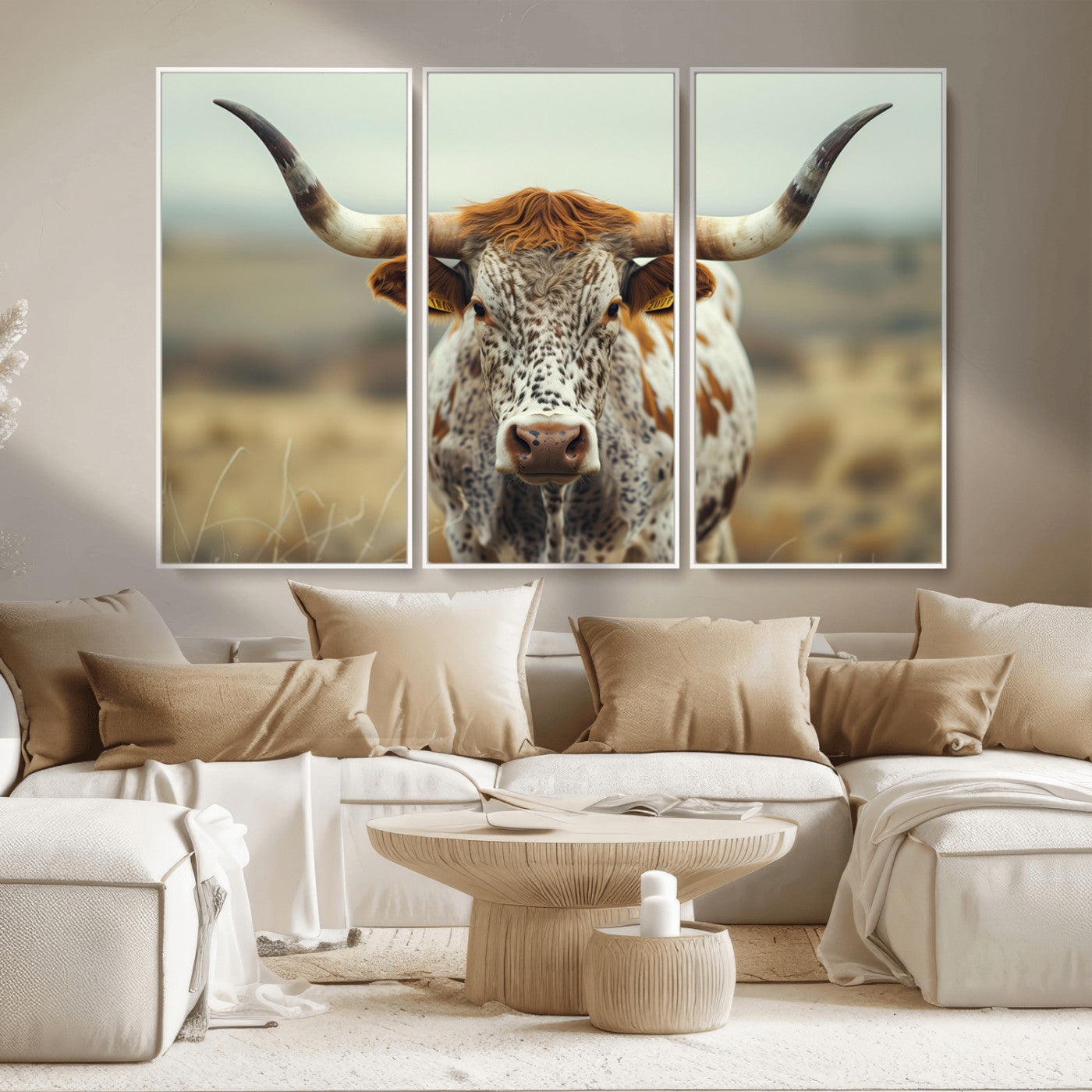 MGV-FC-48X32-3P - Texas Cow Longhorn Wall Art Canvas Print for Farm House Wall Decor, Farmhouse Wall Art Print