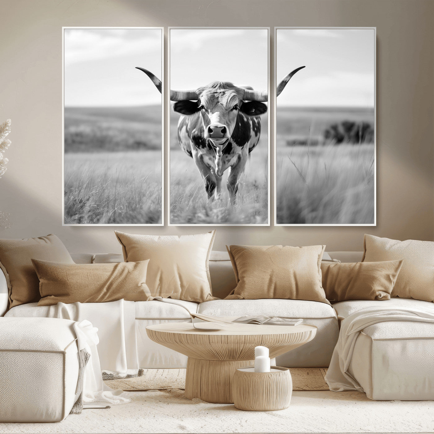 MGV-FC-48X32-3P - Texas Cow Longhorn Wall Art Canvas Print for Farm House Wall Decor, Farmhouse Wall Art Print