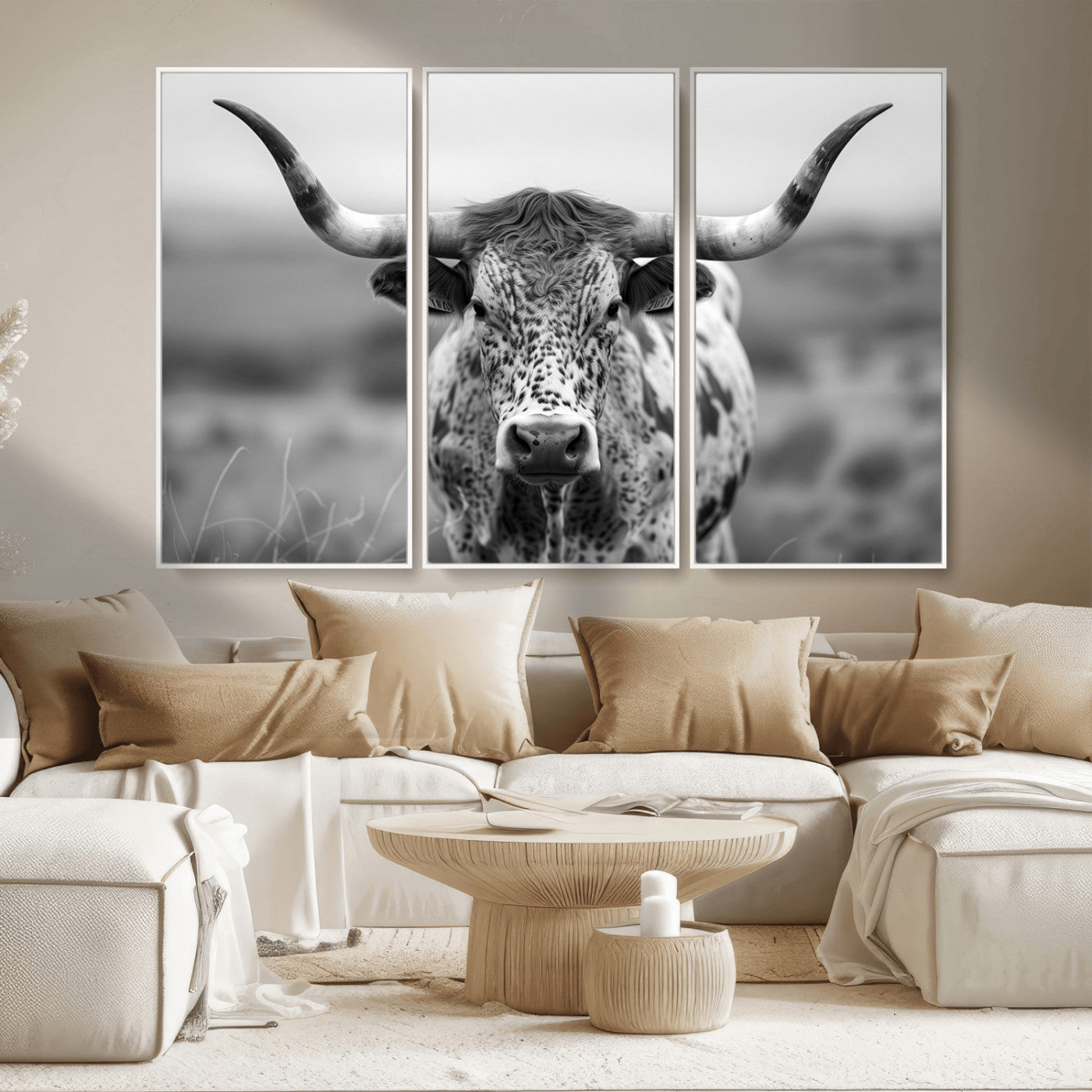 MGV-FC-48X32-3P - Texas Cow Longhorn Wall Art Canvas Print for Farm House Wall Decor, Farmhouse Wall Art Print