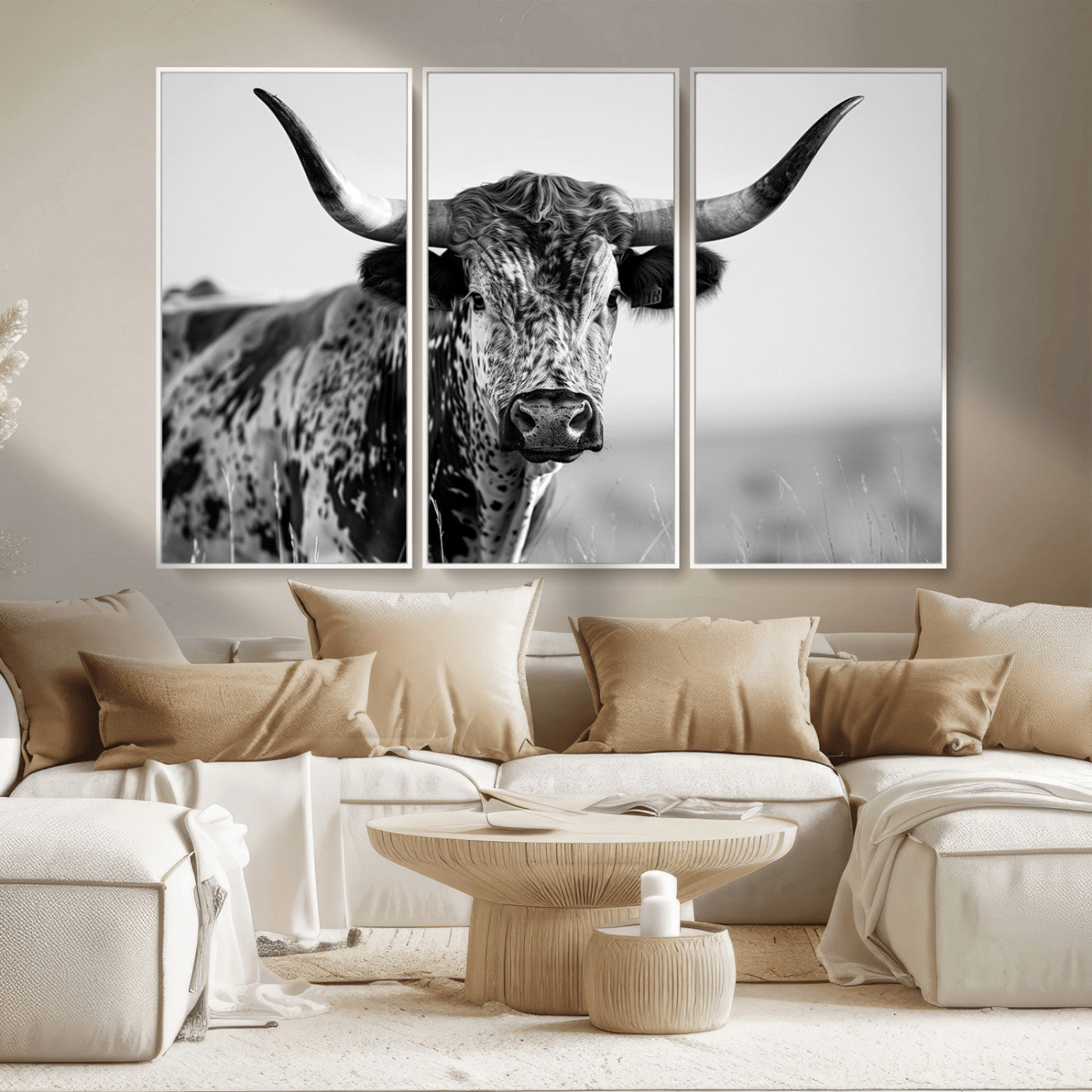 MGV-FC-48X32-3P - Texas Highland Cow Longhorn Canvas Print - Rustic Farmhouse Wall Art - Large Texas Longhorn
