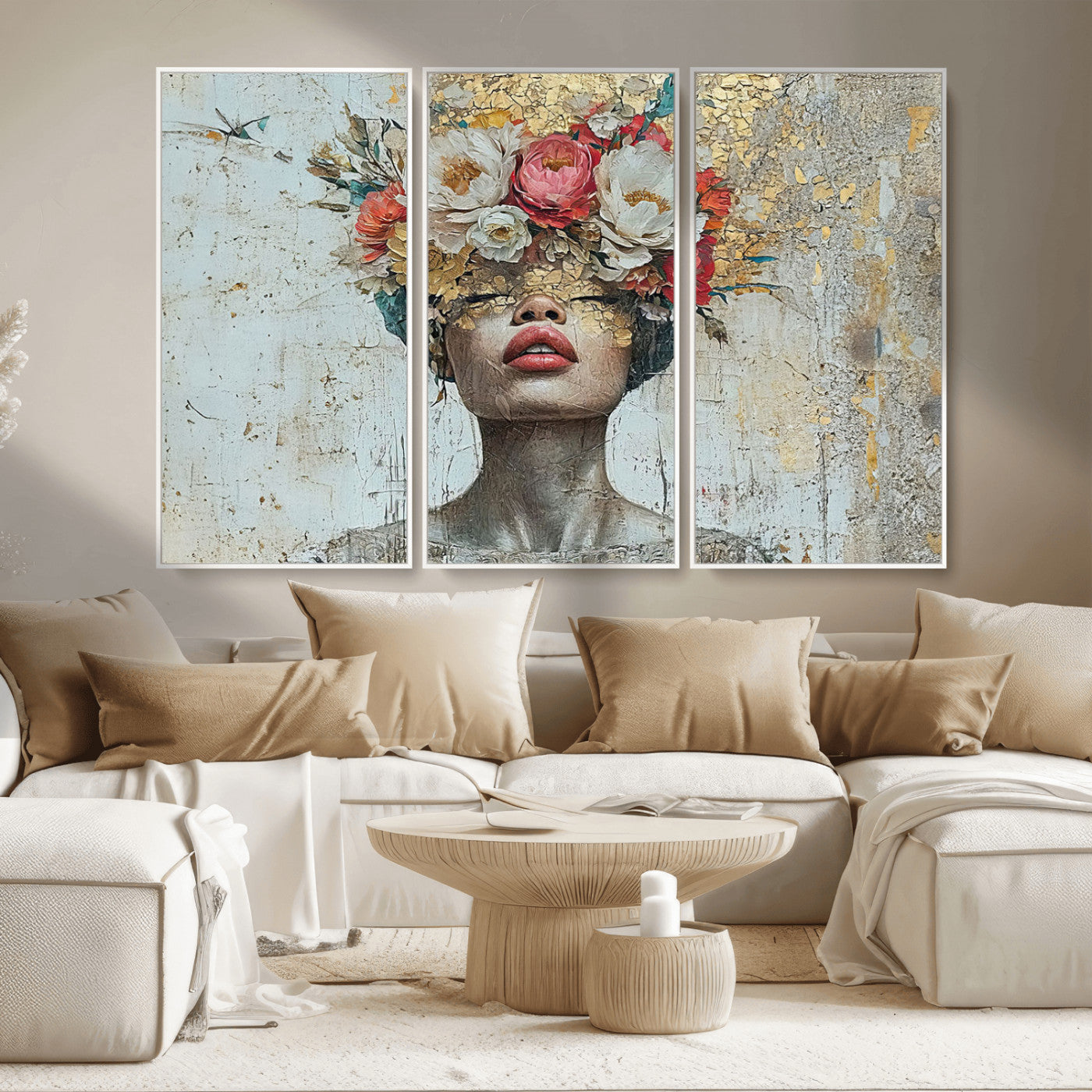 MGV-FC-48X32-3P - Golden Petal Wall Art Canvas Print - Silhouette Woman Wall Art Canvas Print, Floral Woman Portrait