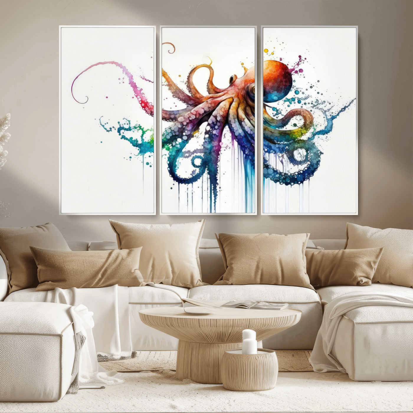 MGV-FC-48X32-3P - Watercolor Vibrant Octopus Wall Art Canvas Print | Abstract Sea Life Art | Colorful Marine Creature