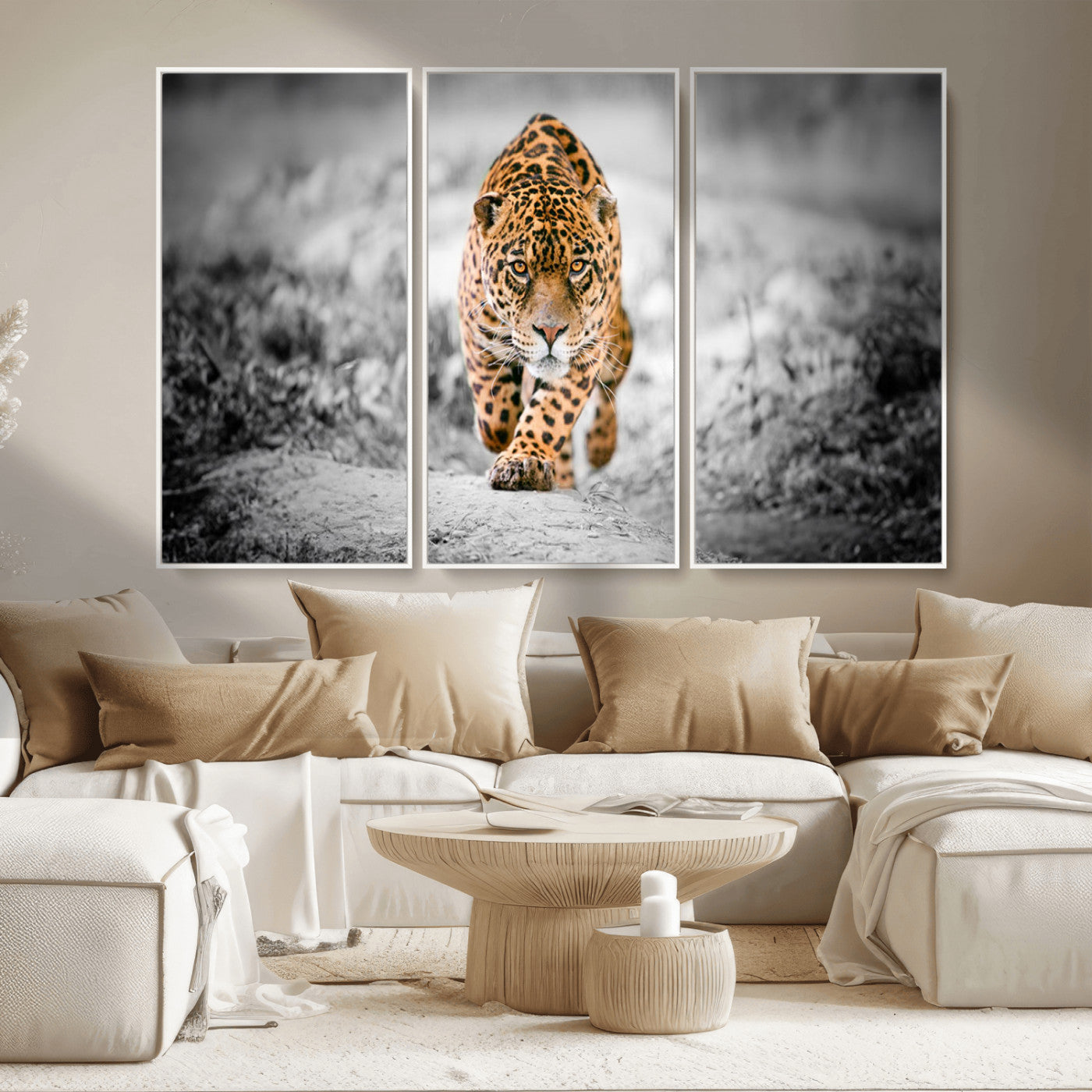 MGV-FC-48X32-3P - Jaguar Wall Art Canvas Print - Majestic Big Cat in Focused Pursuit - Ready to Hang