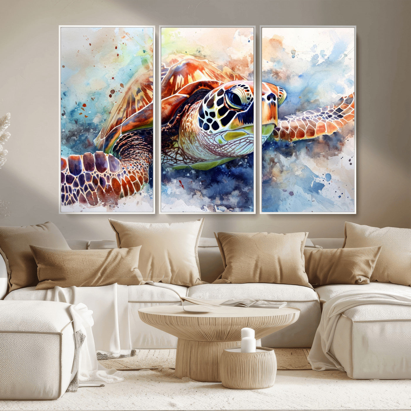 MGV-FC-48X32-3P - Watercolor Sea Turtle Wall Art Canvas Print - Vibrant Ocean Colors in Watercolor Style - Ready to