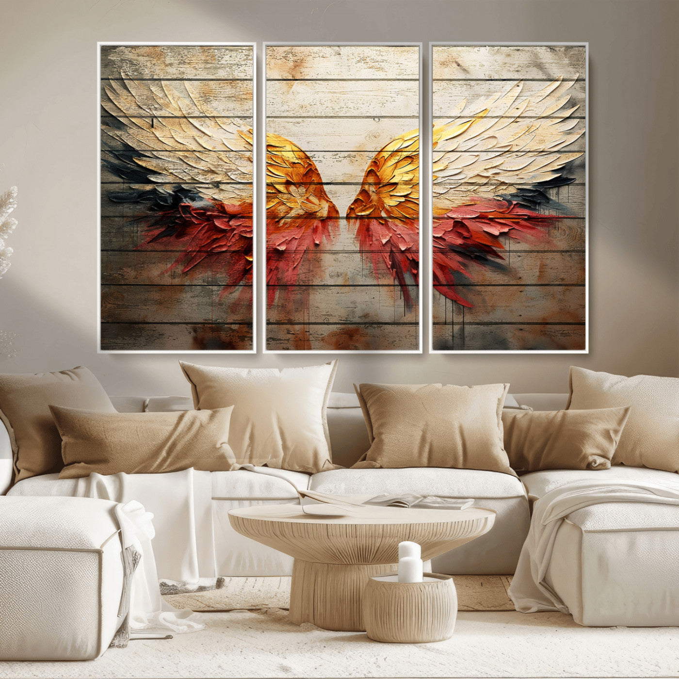 MGV-FC-48X32-3P - Abstract Angel Wings Canvas Wall Art – Framed and Ready to Hang Modern Angelic Wings Decor for