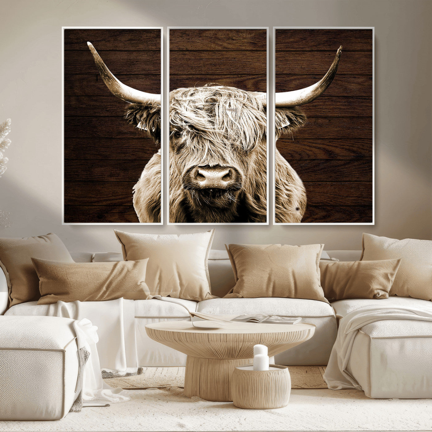 MGV-FC-48X32-3P - Highland Cow Wall Art Canvas Print, Rustic Farmhouse Decor, Majestic Scottish Highland Bull Portrait