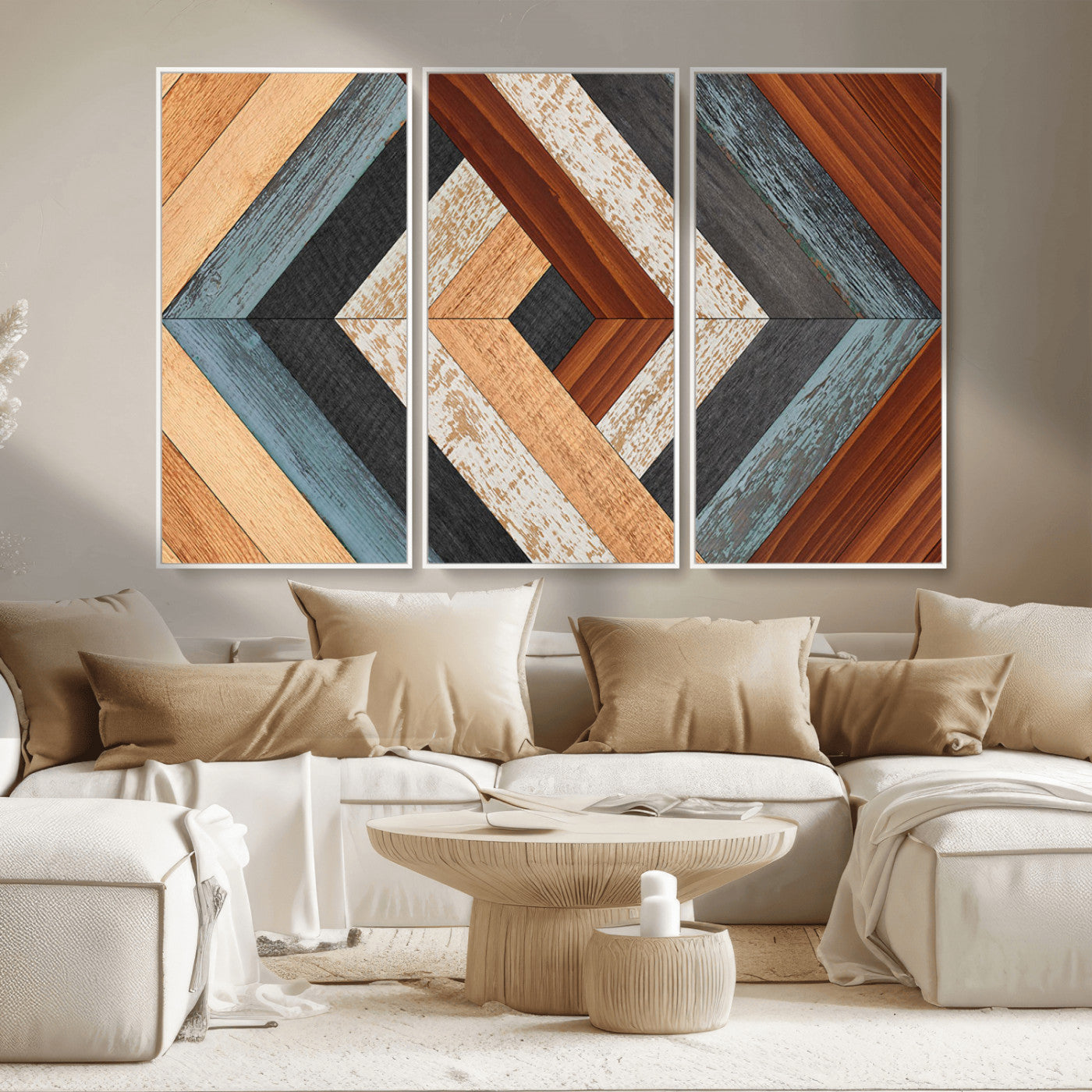 MGV-FC-48X32-3P - Geometric Wood Art Wall Decor Canvas Print, Rustic Wooden Pattern Triptych Wall Art for Living Room