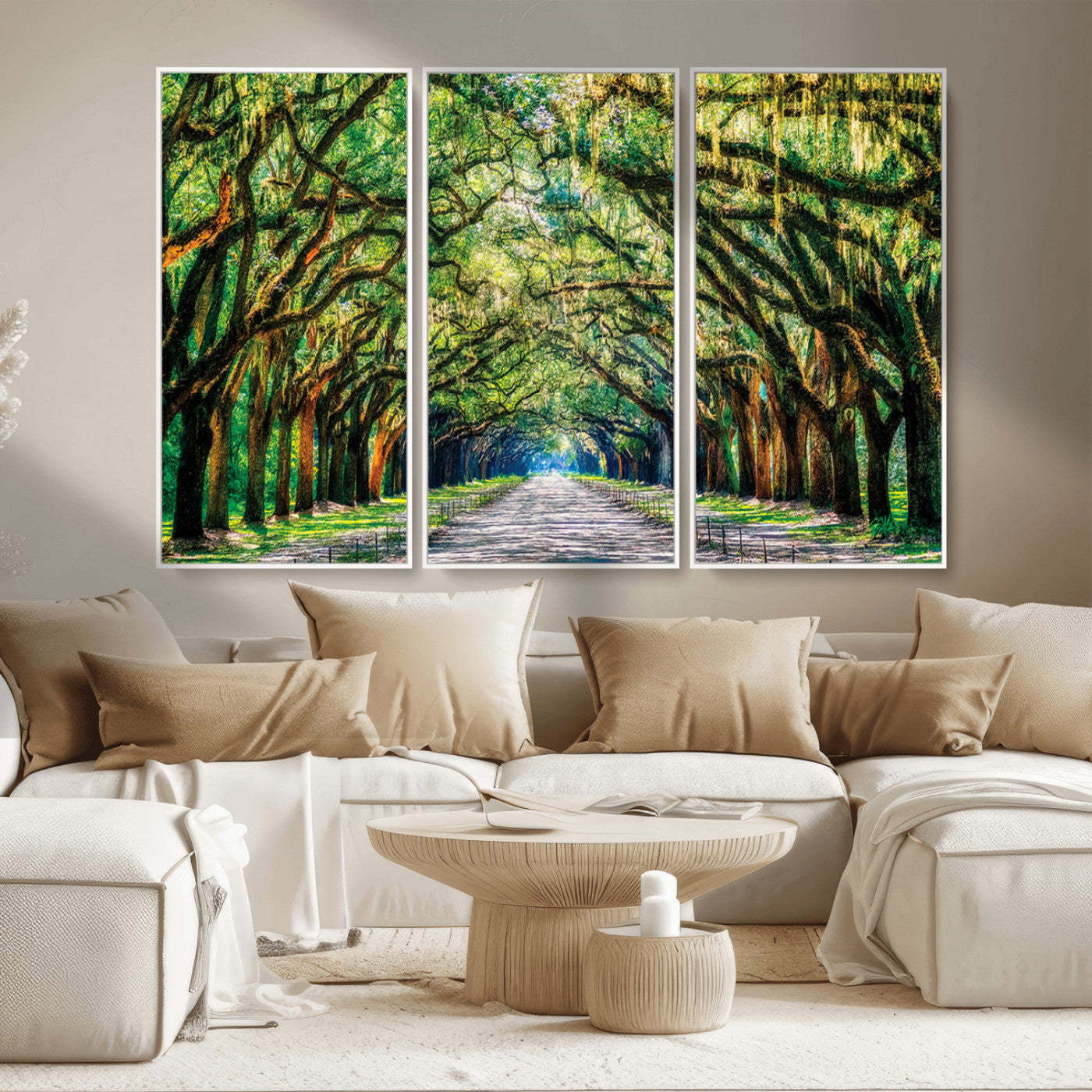 MGV-FC-48X32-3P - Serene Tree Tunnel Wall Art Canvas Print – Pathway Under Canopy of Lush Green Trees, Nature-Inspired