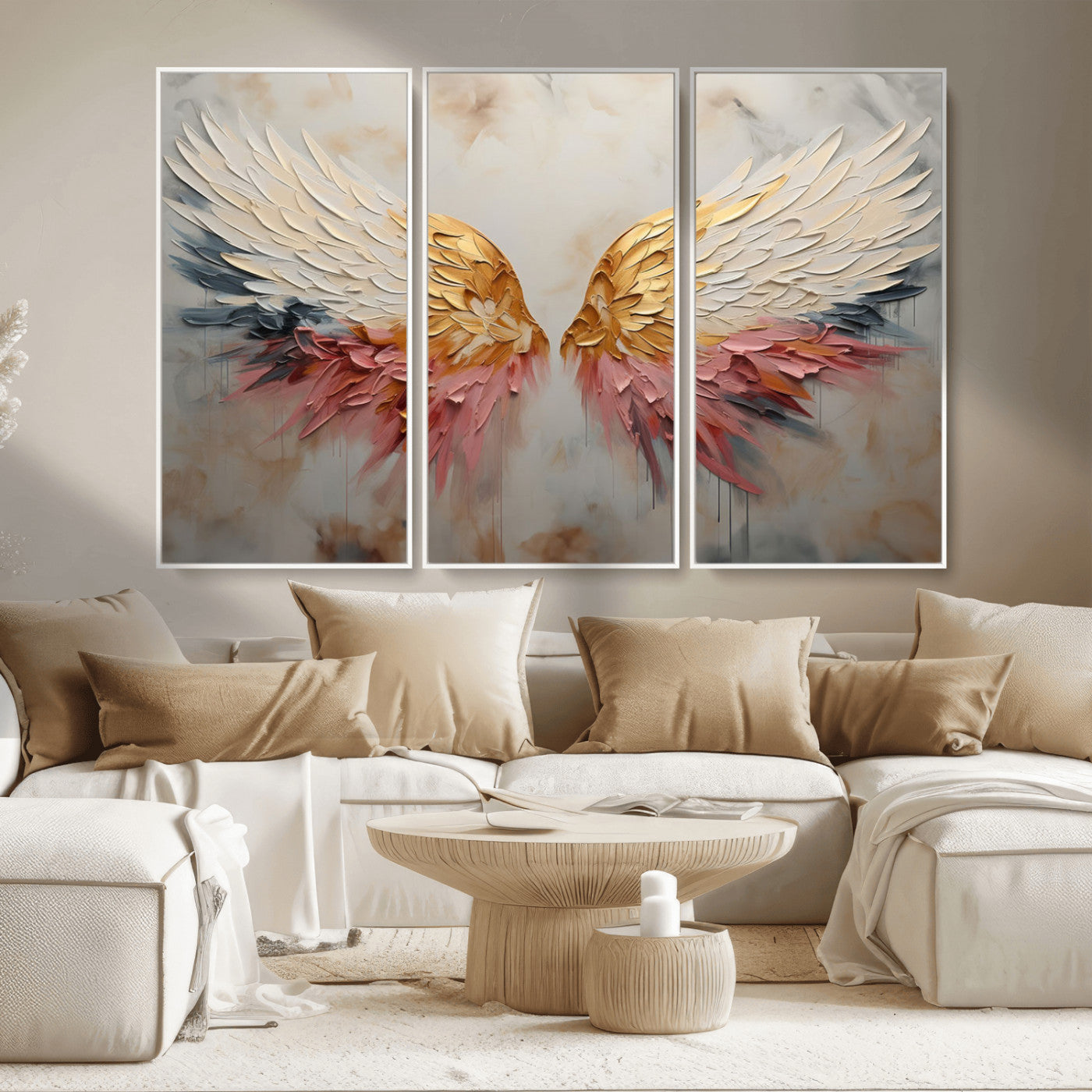 MGV-FC-48X32-3P - Golden Angel Wings Wall Art Canvas Print – Stunning Abstract Winged Art for Elegant Home Decor –