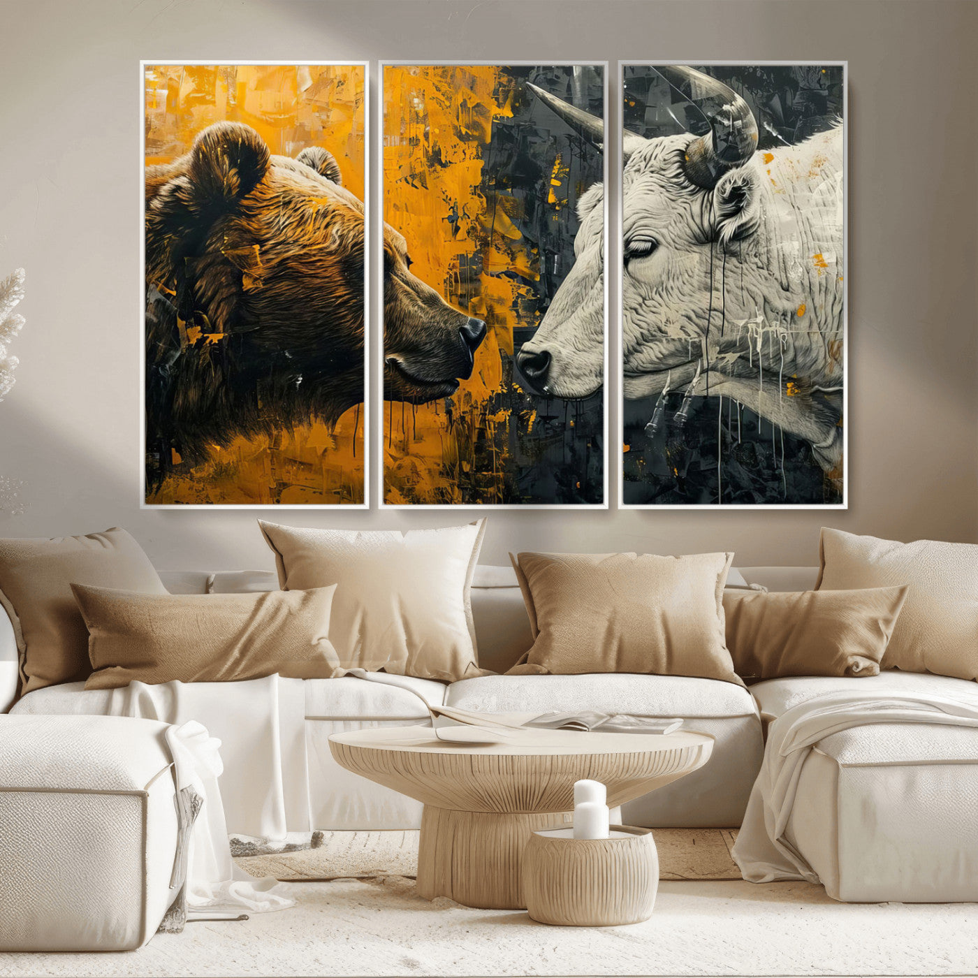 MGV-FC-48X32-3P - Bear and Bull Wall Art Canvas Print – Abstract Animal Portrait Painting for Modern Home Decor –