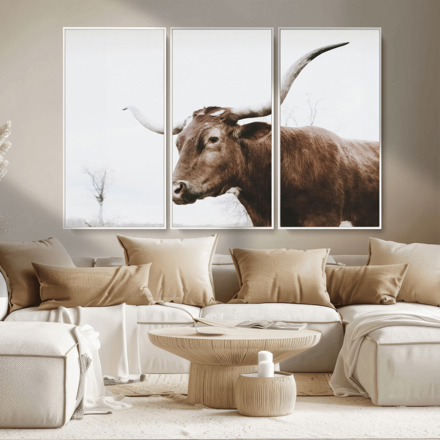 MGV-FC-48X32-3P - Rustic Bull Wall Art Canvas Print – Modern Longhorn Farmhouse Animal Decor – Abstract Farm Cow