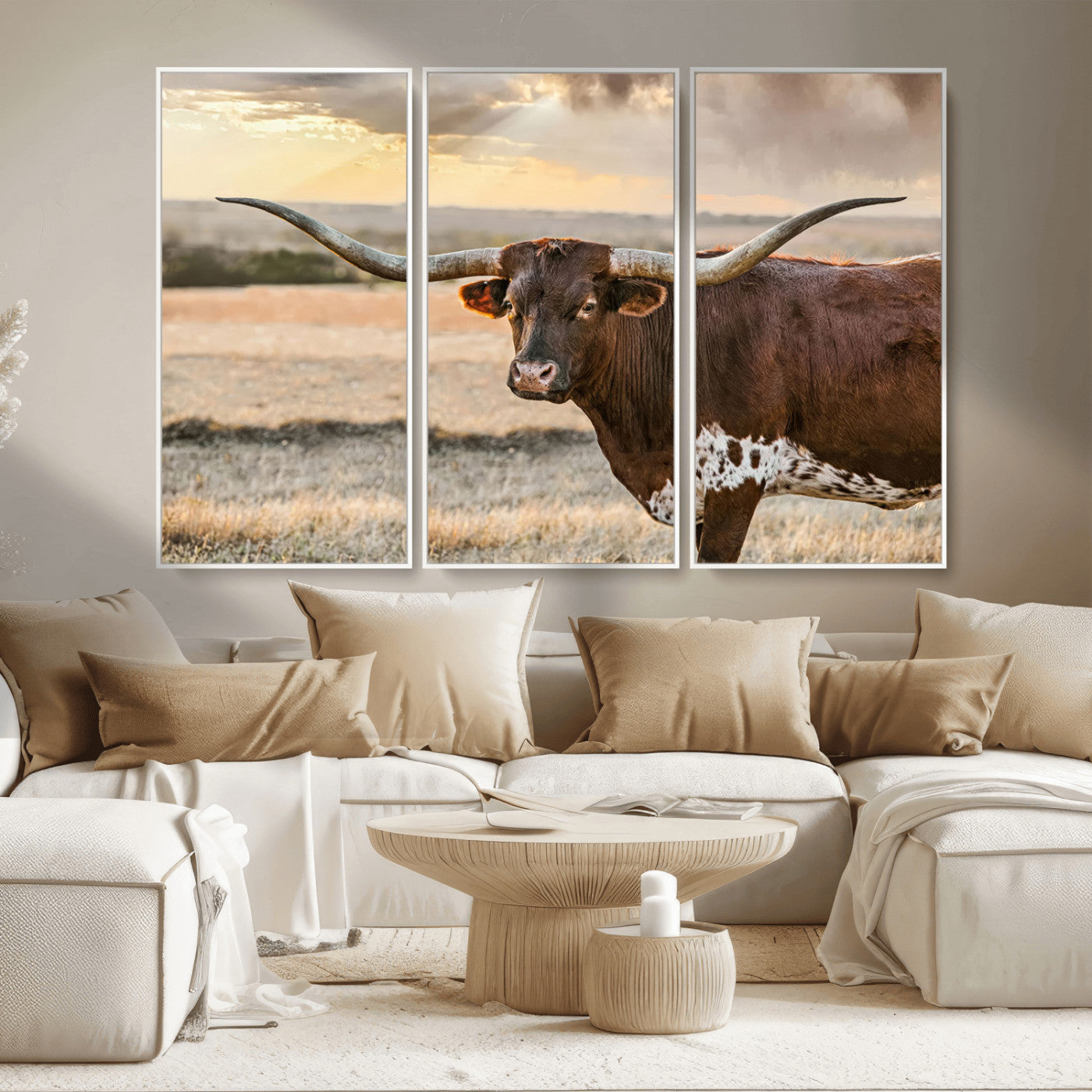 MGV-FC-48X32-3P - Texas Longhorn Wall Art Canvas Print, Rustic Ranch Decor, Majestic Western Longhorn Cattle