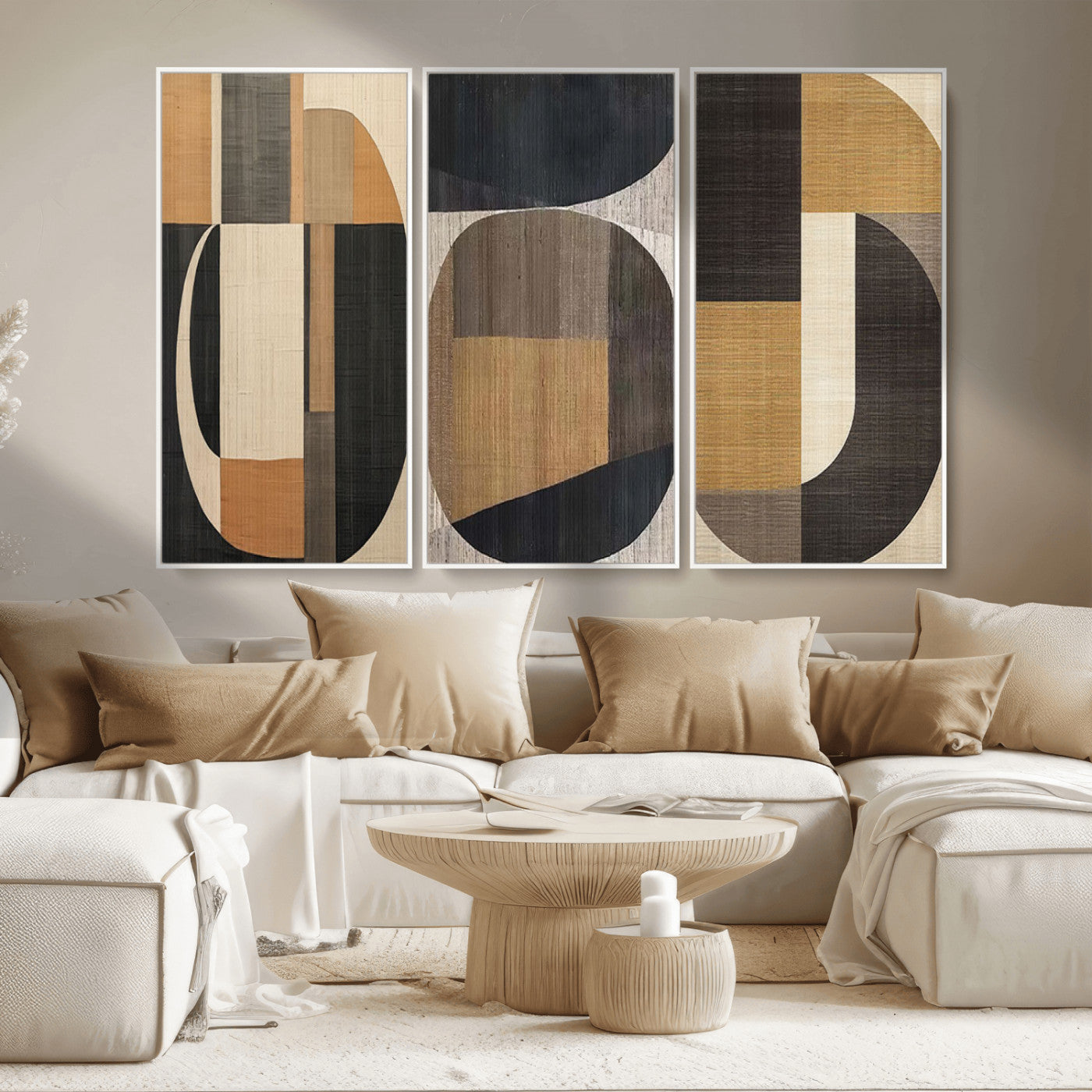 MGV-FC-48X32-3P - Modern Brown Wabi Sabi Abstract Wall Art Canvas Print Set, Minimalist Wall Art