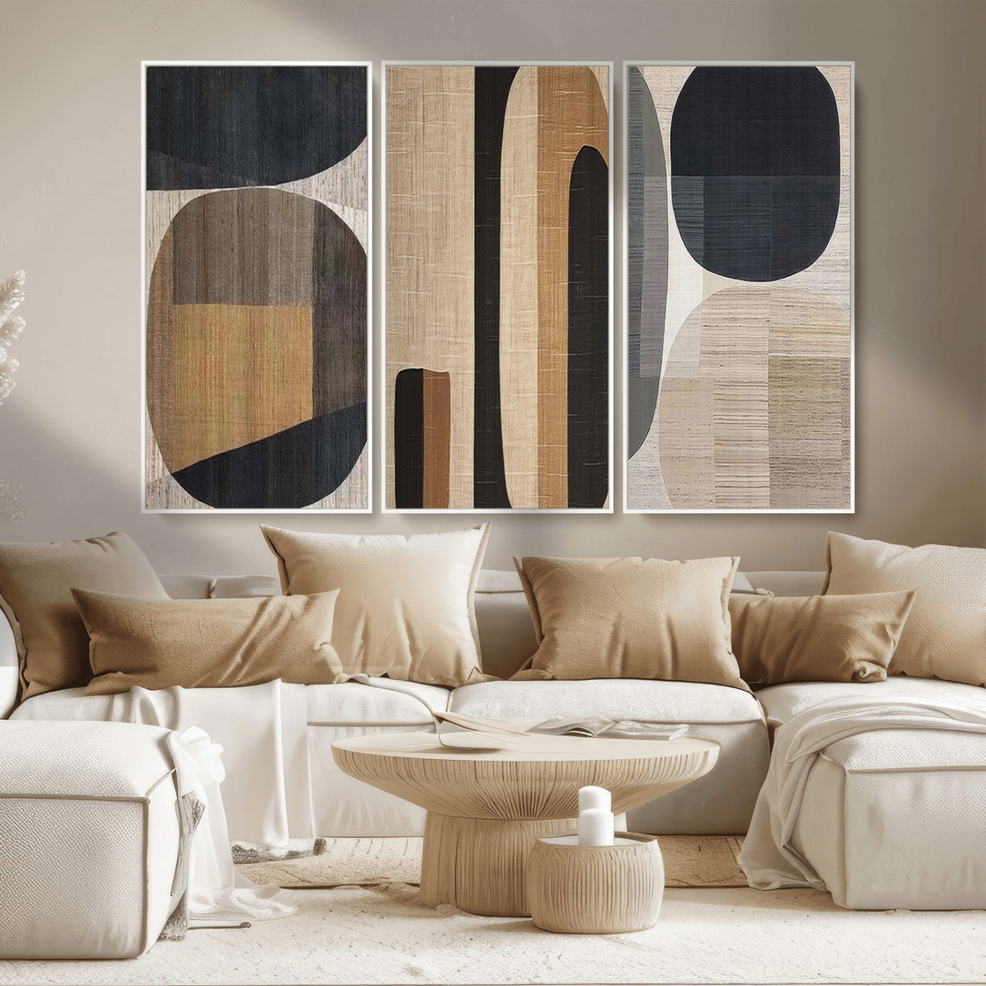 MGV-FC-48X32-3P - Abstract Minimalist Canvas Wall Art - Neutral Geometric Modern Boho Decor, Minimalist Brown Wabi