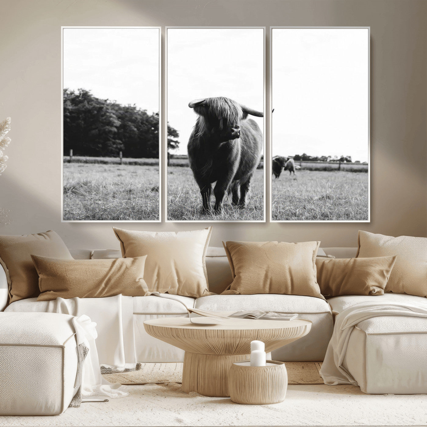 MGV-FC-48X32-3P - Black and White Highland Cow Wall Art Canvas Print | Rustic Western Decor for Living Room or Office,