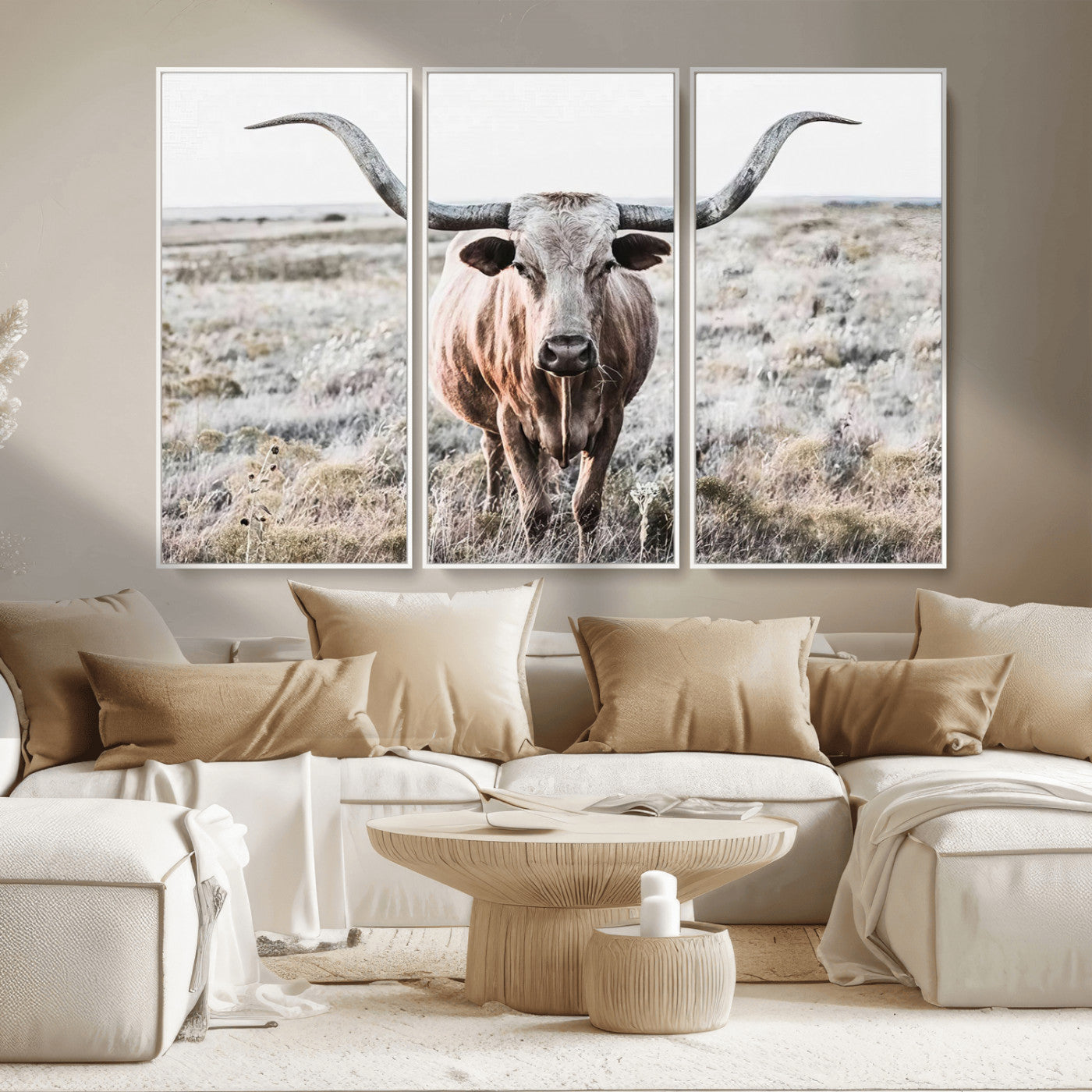 -Rustic Texas Longhorn Wall Art Canvas Print | Western Farmhouse Decor for Living Room or Office,