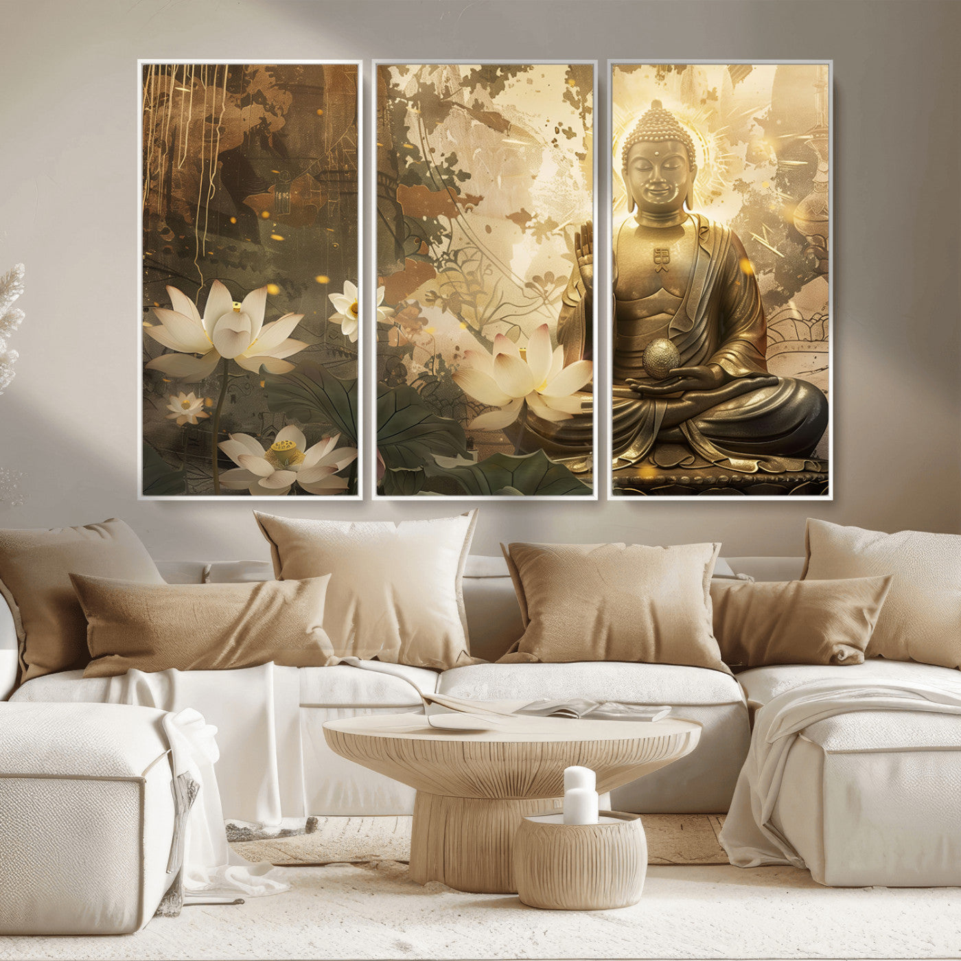 MGV-FC-48X32-3P - Zen Buddha Wall Art Canvas Print | Peaceful Meditation Decor with Lotus Flowers | Spiritual Serenity