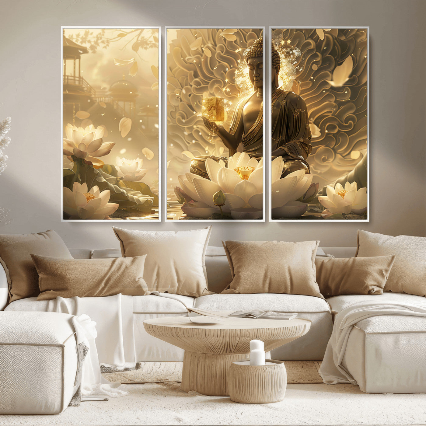 MGV-FC-48X32-3P - Golden Buddha Wall Art | Yoga Room Decor and Meditation Room Wall Art | Framed and Ready to Hang