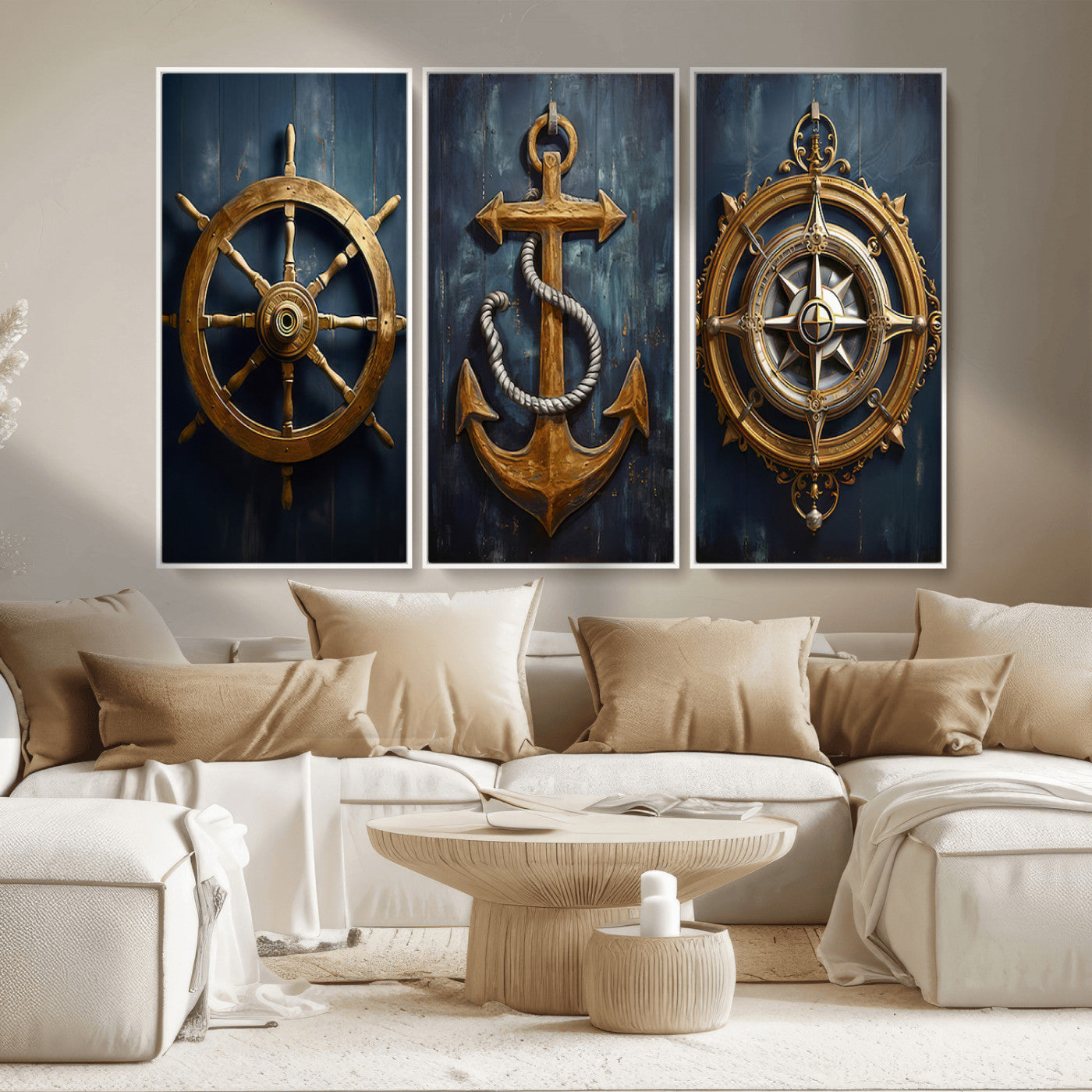 MGV-FC-48X32-3P - Boat Anchor Compass With Rope Wall Art Canvas Print | Beach House Wall Art