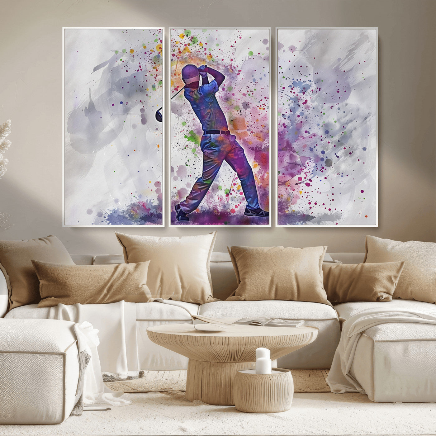 MGV-FC-48X32-3P - Watercolor Golf Swing Wall Art Canvas Print | Vibrant Abstract Golf Player Silhouette |