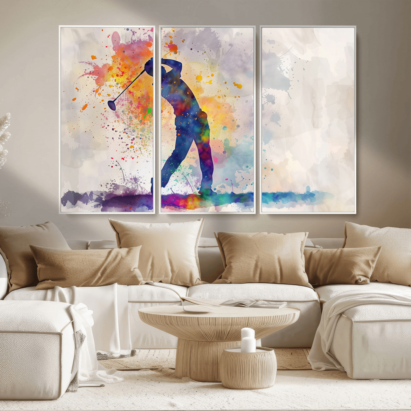 MGV-FC-48X32-3P - Watercolor Golf Swing Wall Art Canvas Print | Vibrant Abstract Golf Player Silhouette |